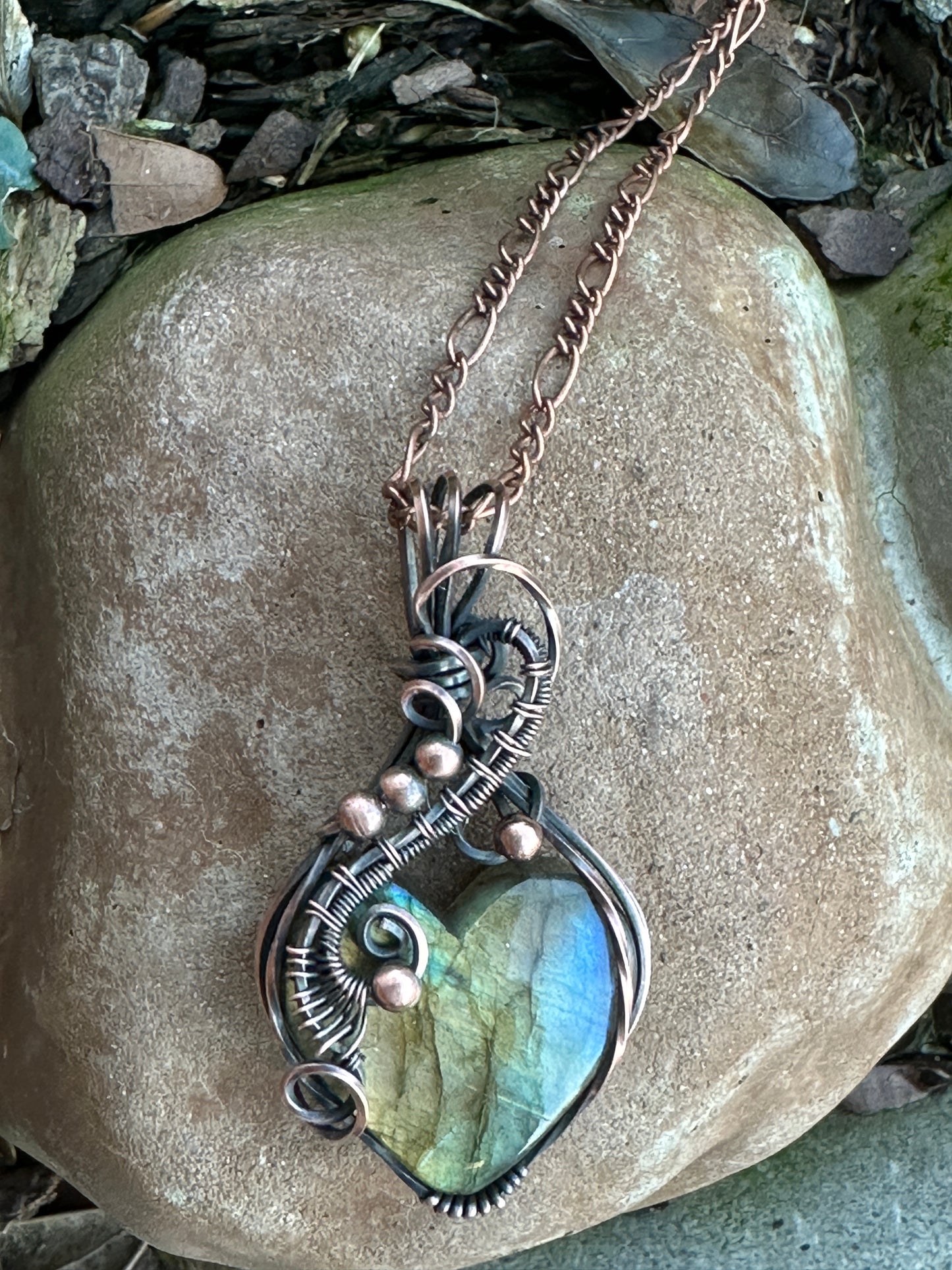 Labradorite Heart Shaped Copper Wire Wrapped Pendant