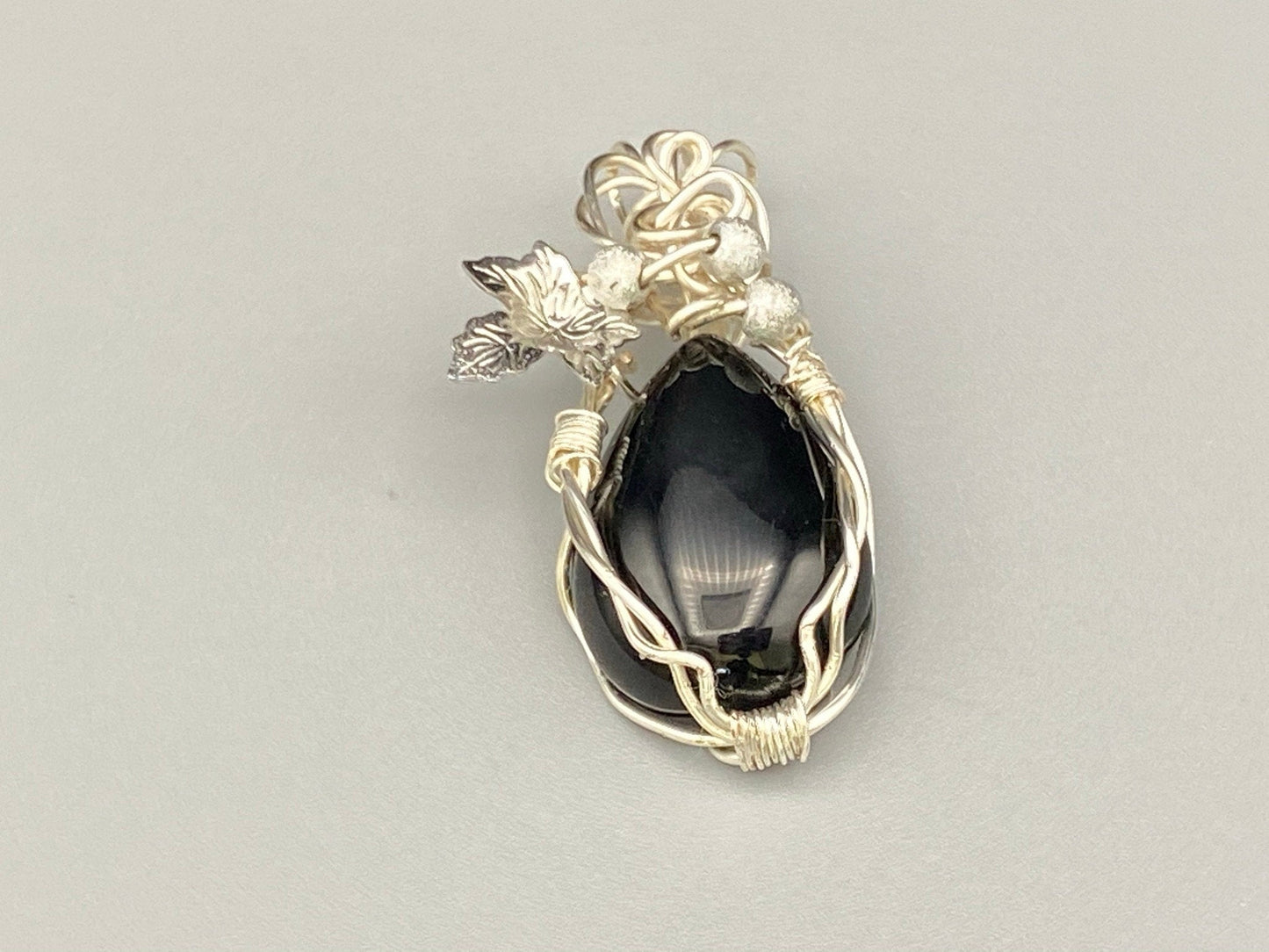 Wire Wrapped Black Agate Teardrop Pendant