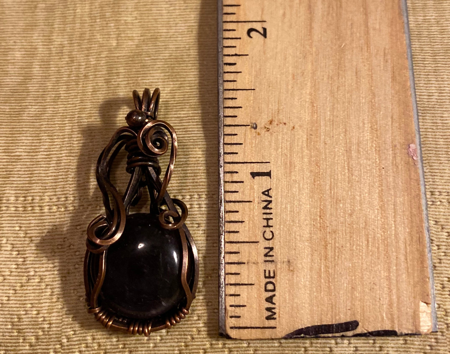 Round Blue Stone Pendant, Handmade, Antiqued Copper Wire Wrapped Necklace