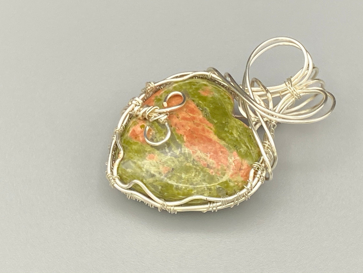 Wire Wrapped Unakite Heart Pendant with Silver Wire