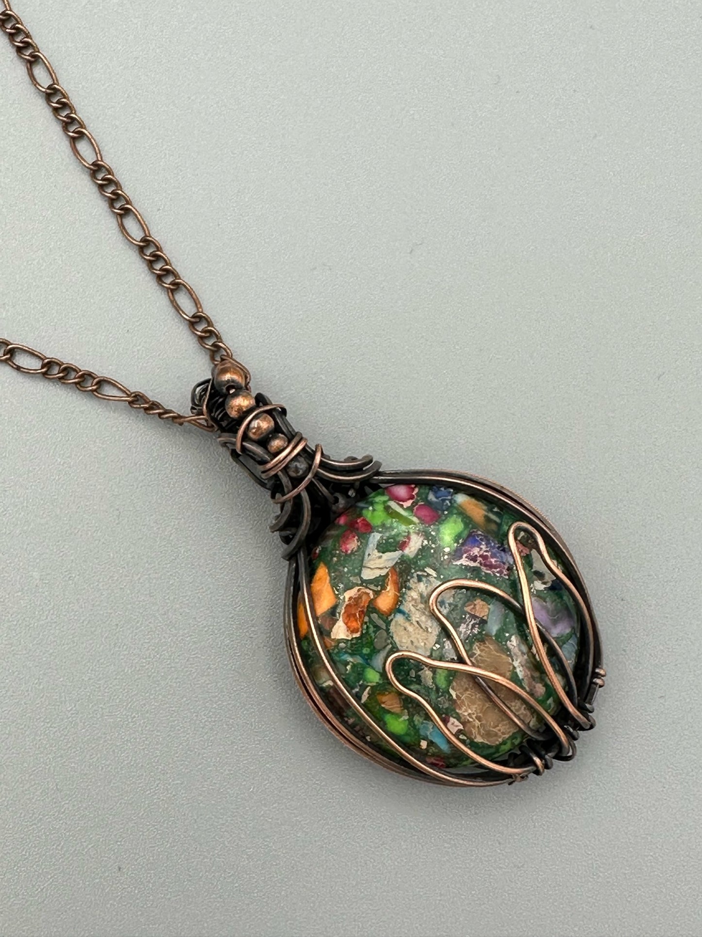 Pyrite Multi-Color Sea Sediment Jasper with Lotus Handmade Wire Wrapped Pendant