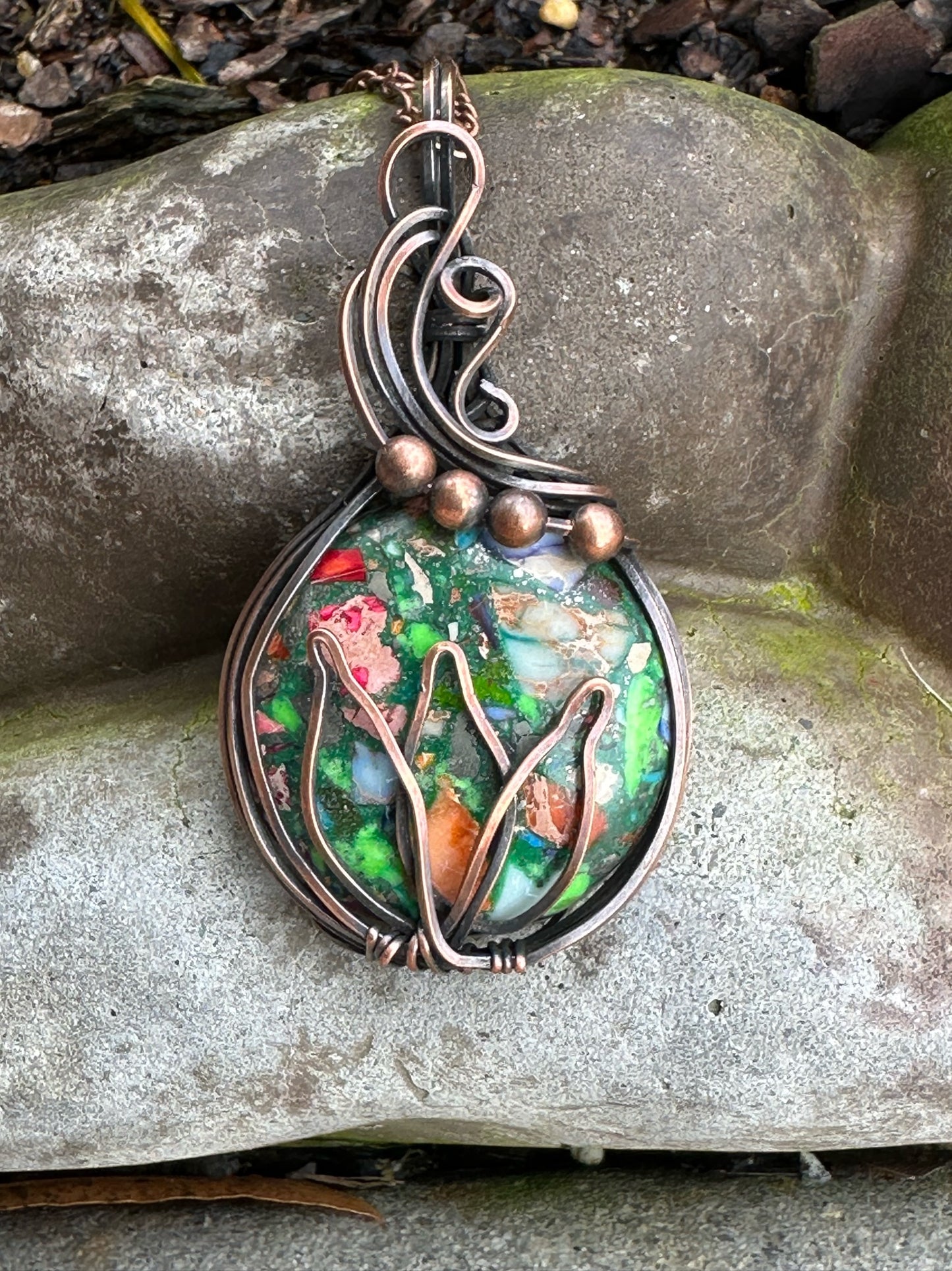 Pyrite Multi-Color Sea Sediment Jasper with Lotus and Copper Beads