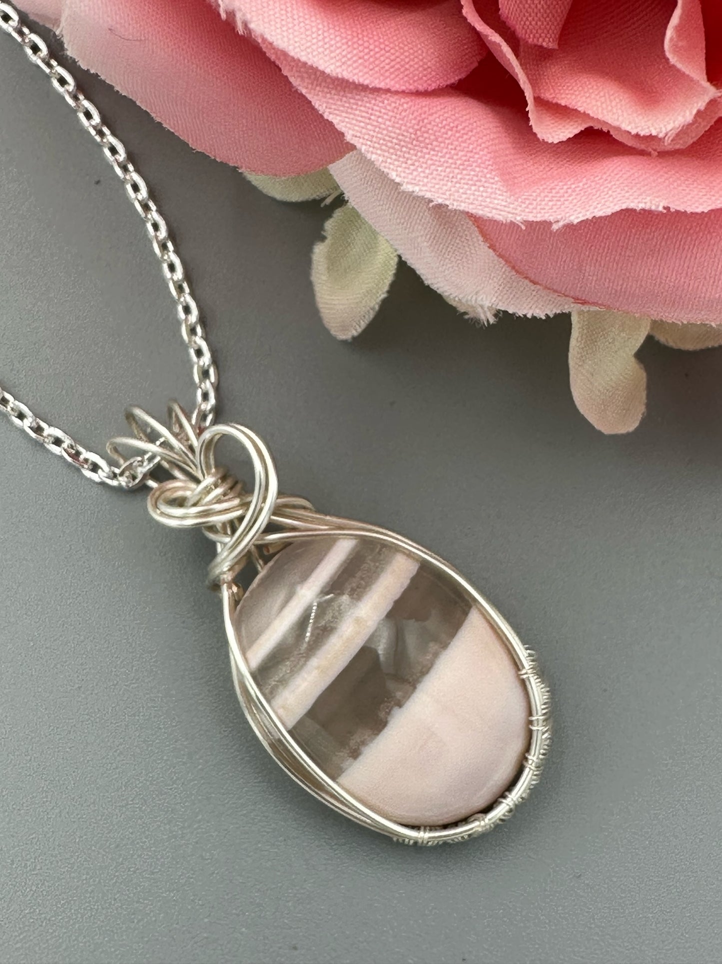 Handmade Wire Wrapped Pink Stripe Agate Oval Pendant