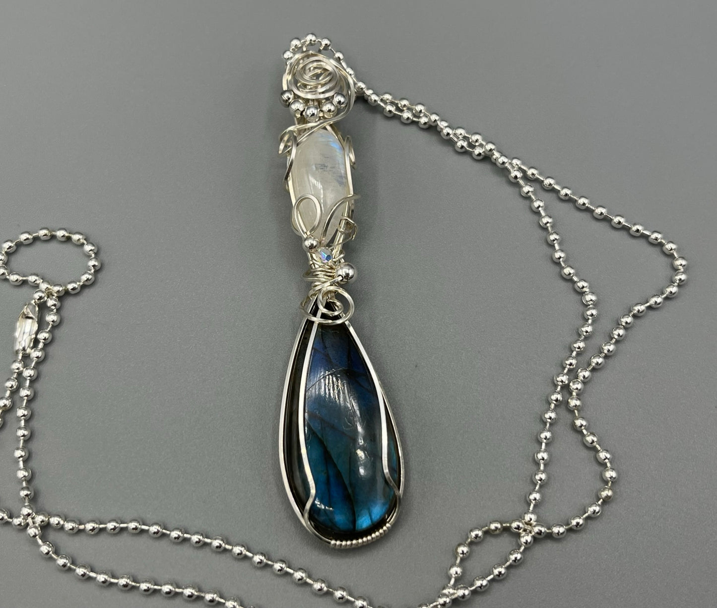 Labradorite and Moonstone Double Wire Wrapped Pendant