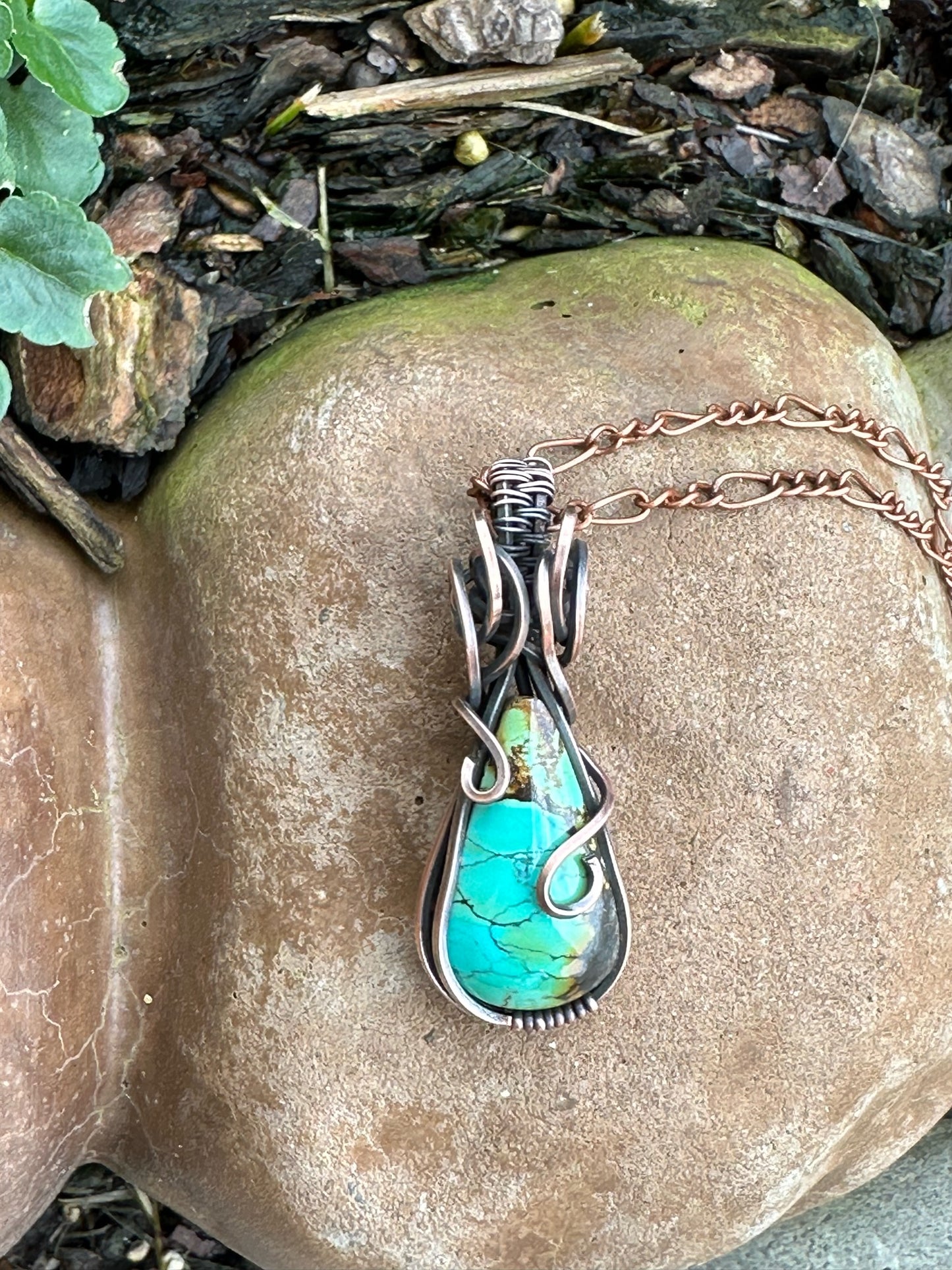 Turquoise Teardrop Wrapped in Oxidized Copper Wire