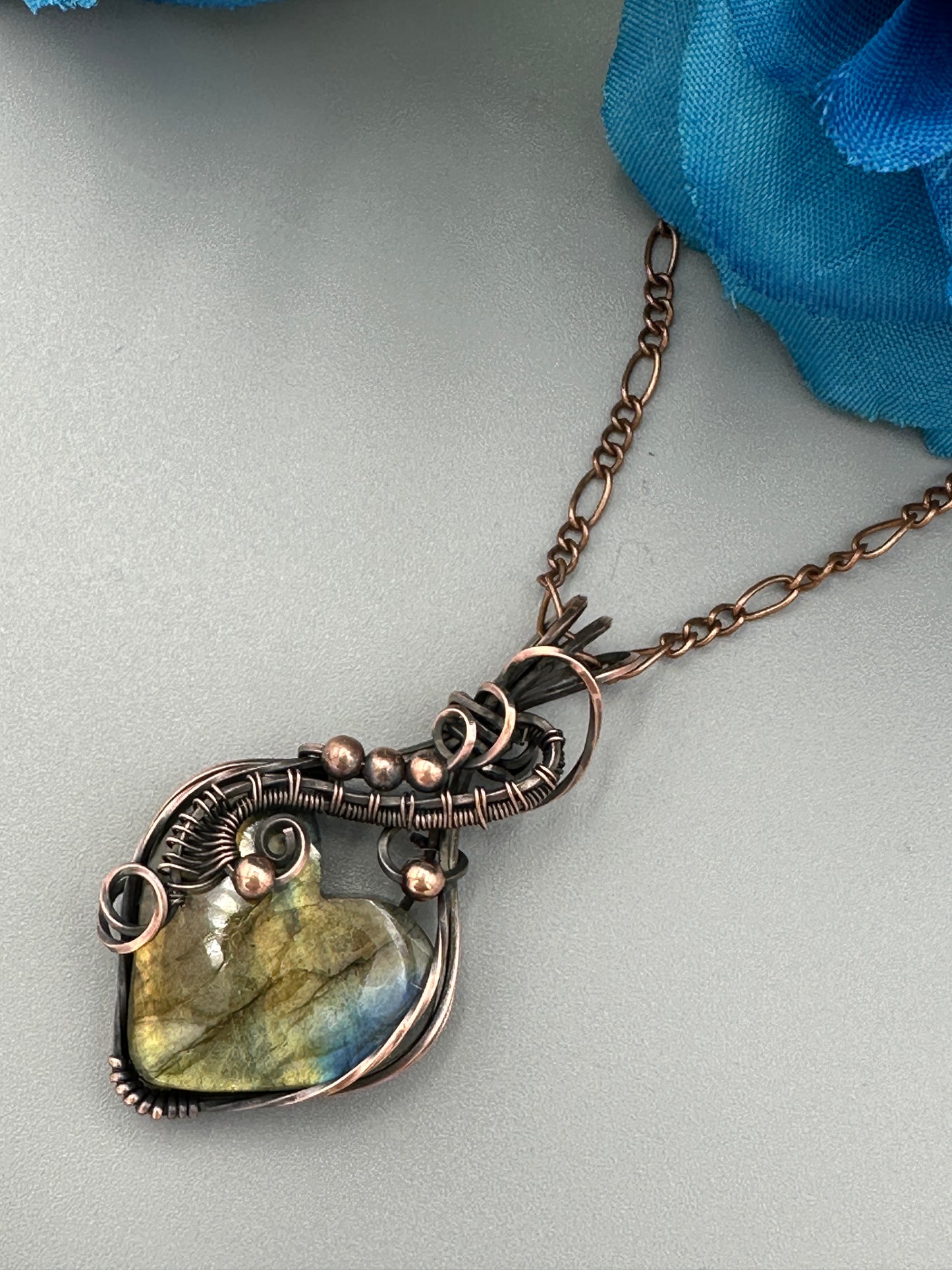 Labradorite Heart Shaped Copper Wire Wrapped Pendant