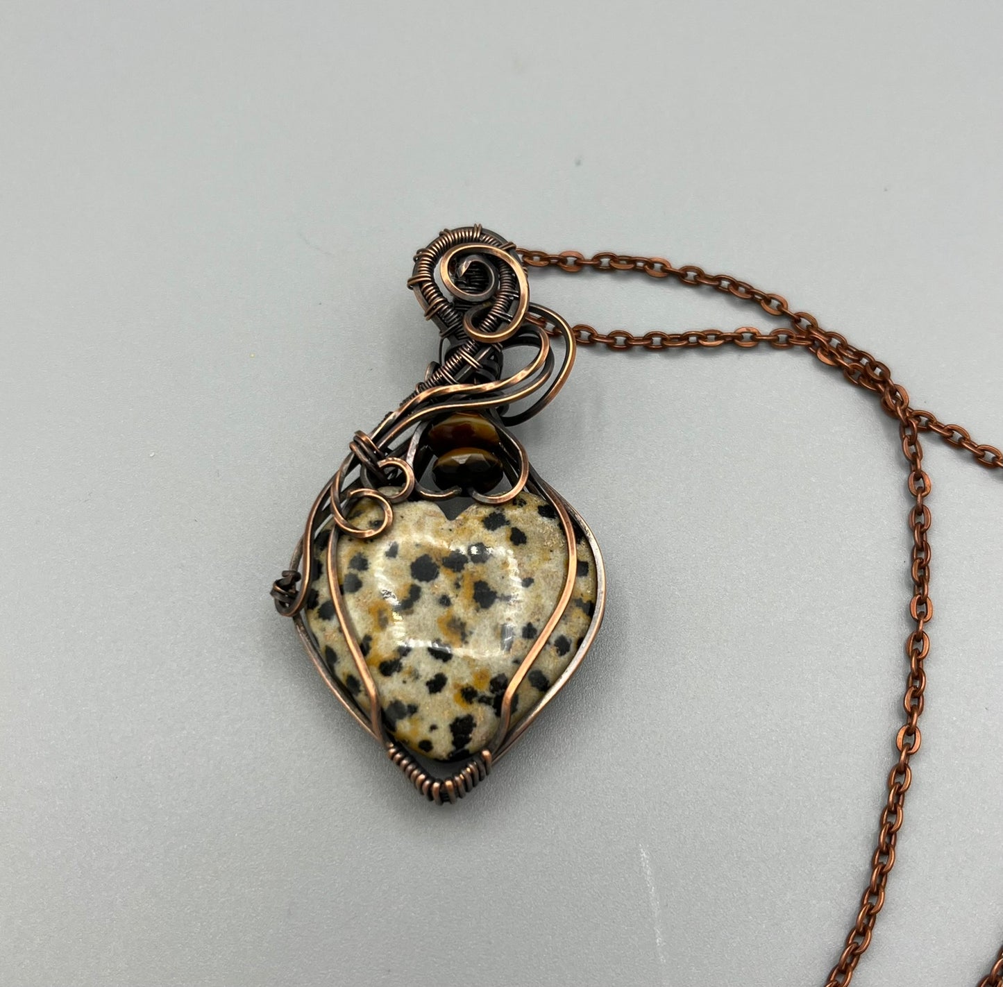 Natural Dalmation Jasper Heart Shaped Wire Wrapped Pendant