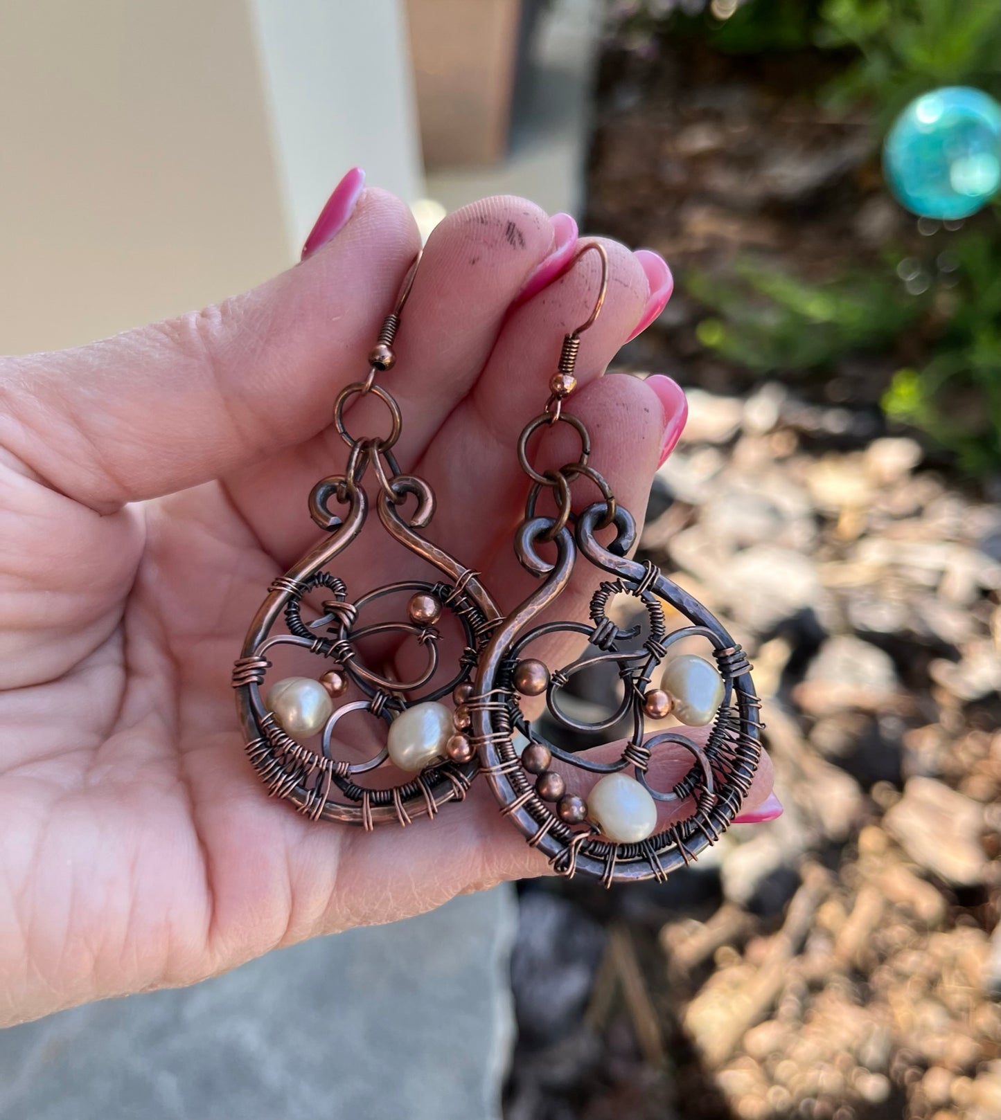 Handmade Hammered and Beaded Dangle Earrings