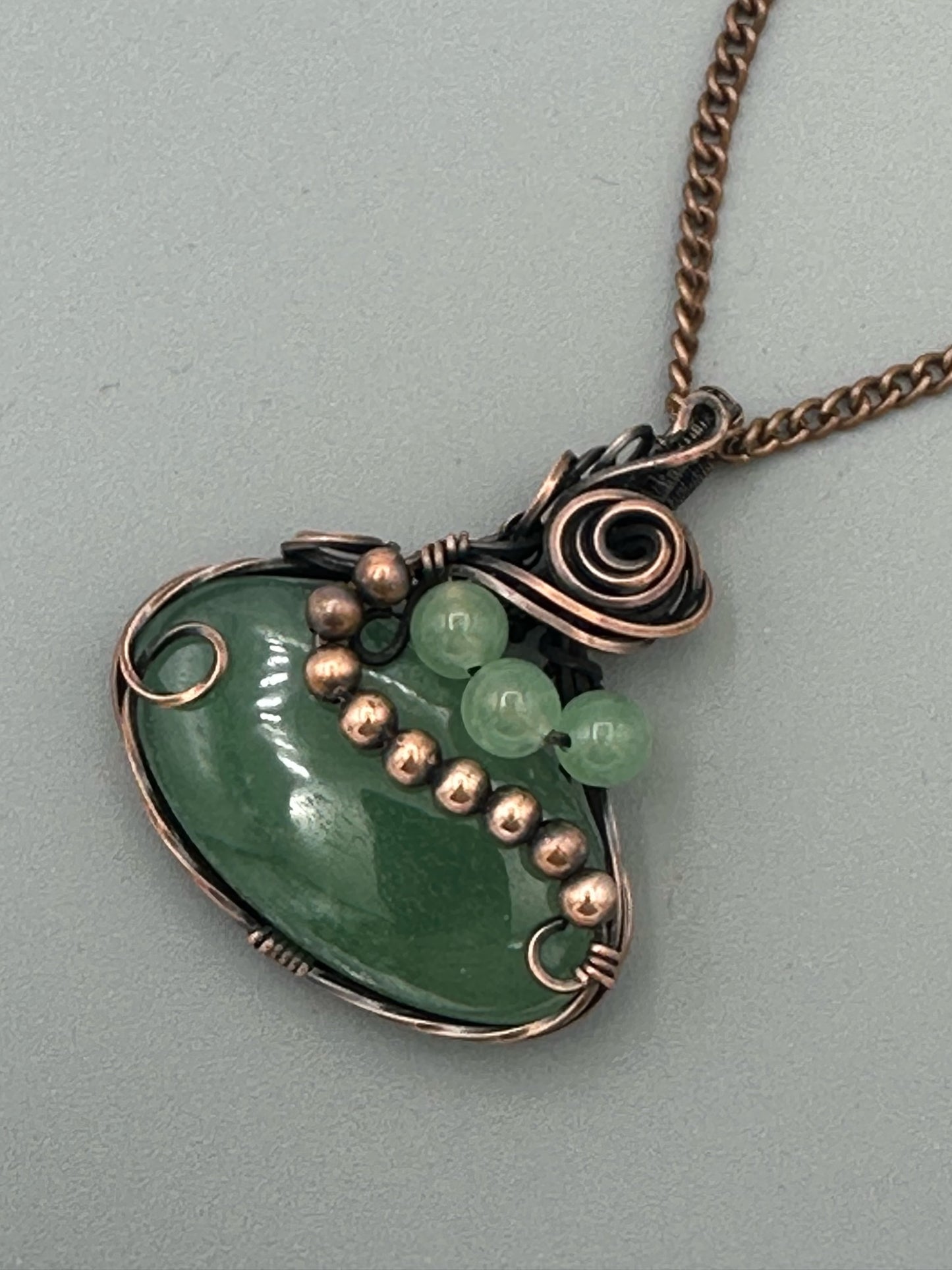 Wire Wrapped Oval Green Strawberry Quartz With Quartz And Copper Beads Pendant