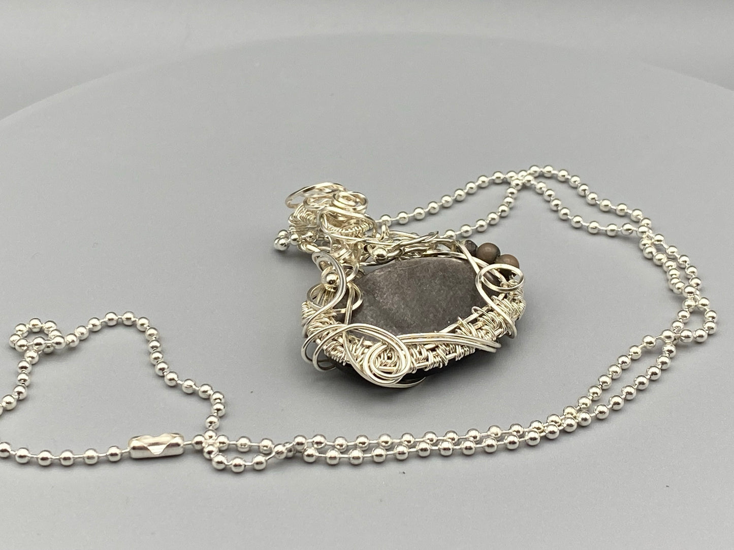 Oval Silver Sheen Obsidian Pendant Wire Wrapped in Silver