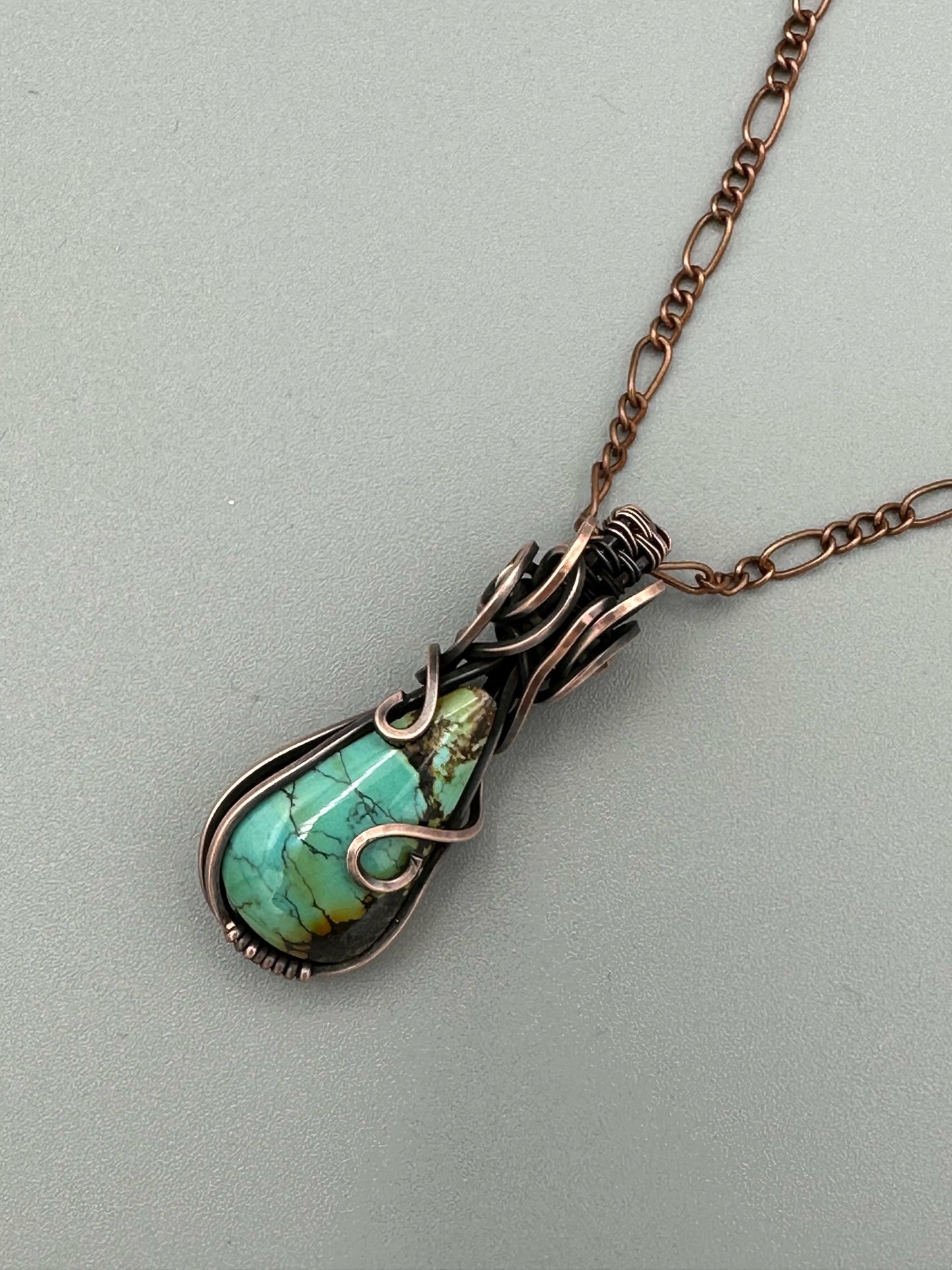 Turquoise Teardrop Wrapped in Oxidized Copper Wire