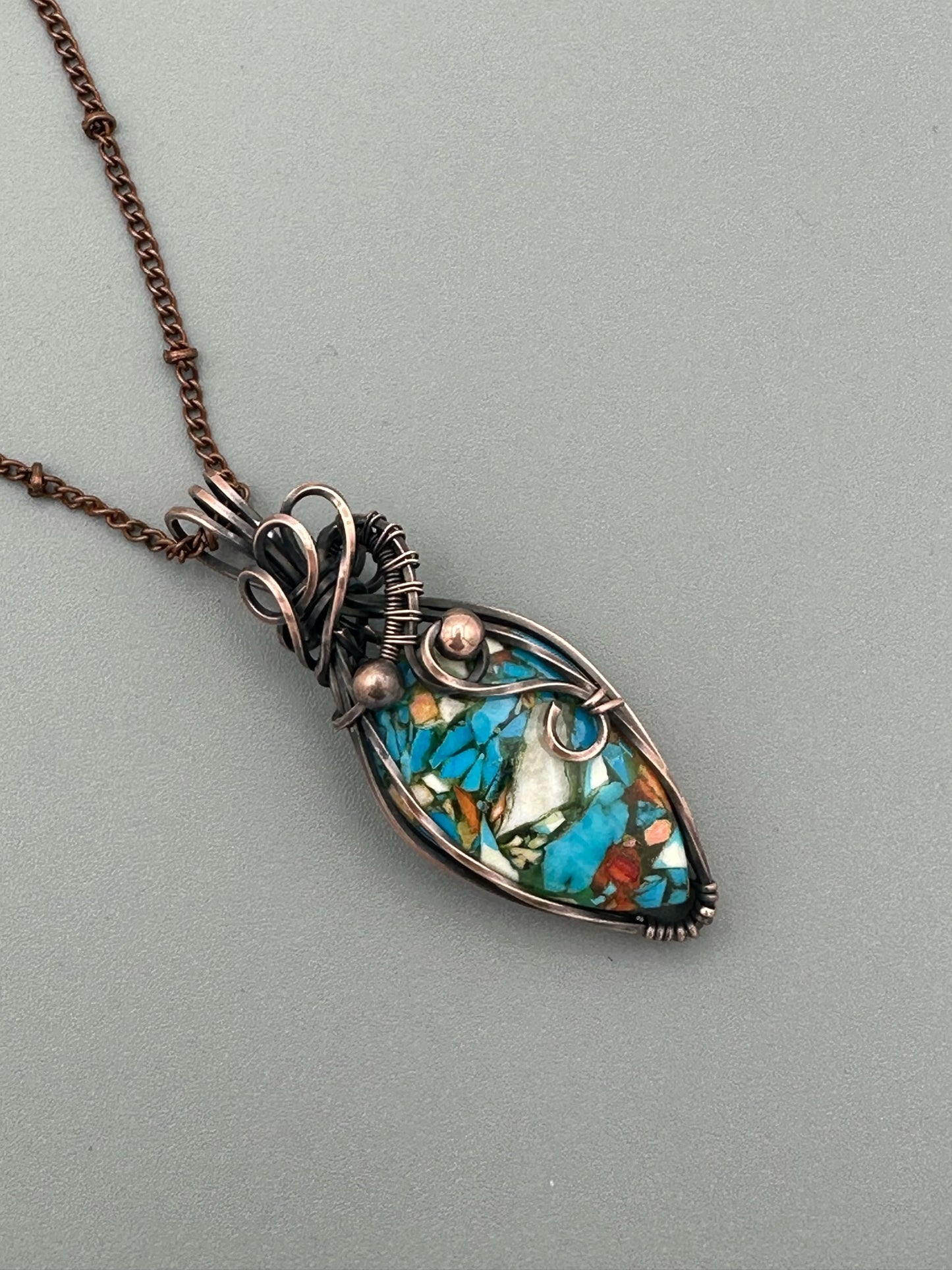 Handmade Wire Wrapped Copper Turquoise Mohave Teardrop Pendant