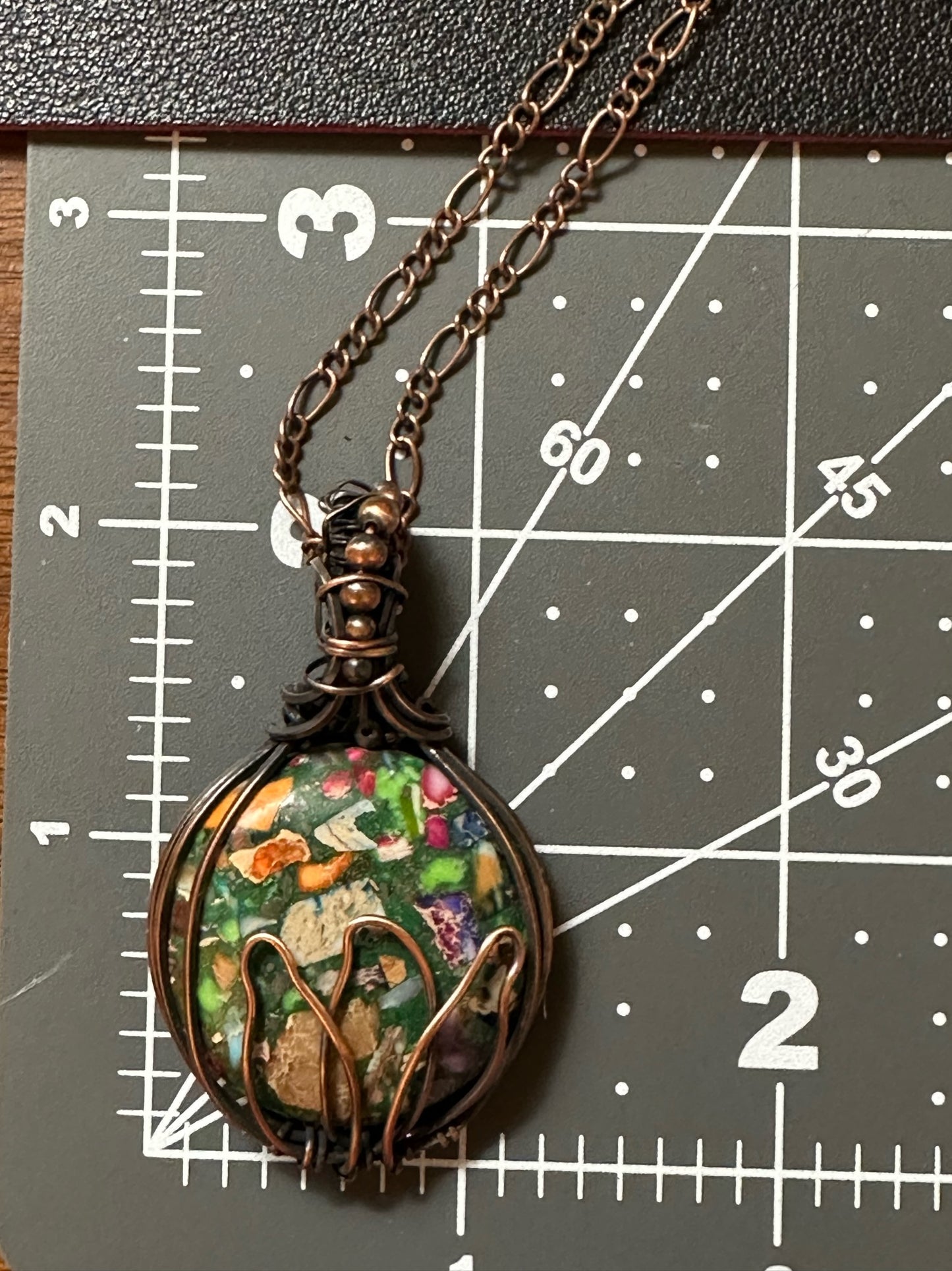 Pyrite Multi-Color Sea Sediment Jasper with Lotus Handmade Wire Wrapped Pendant