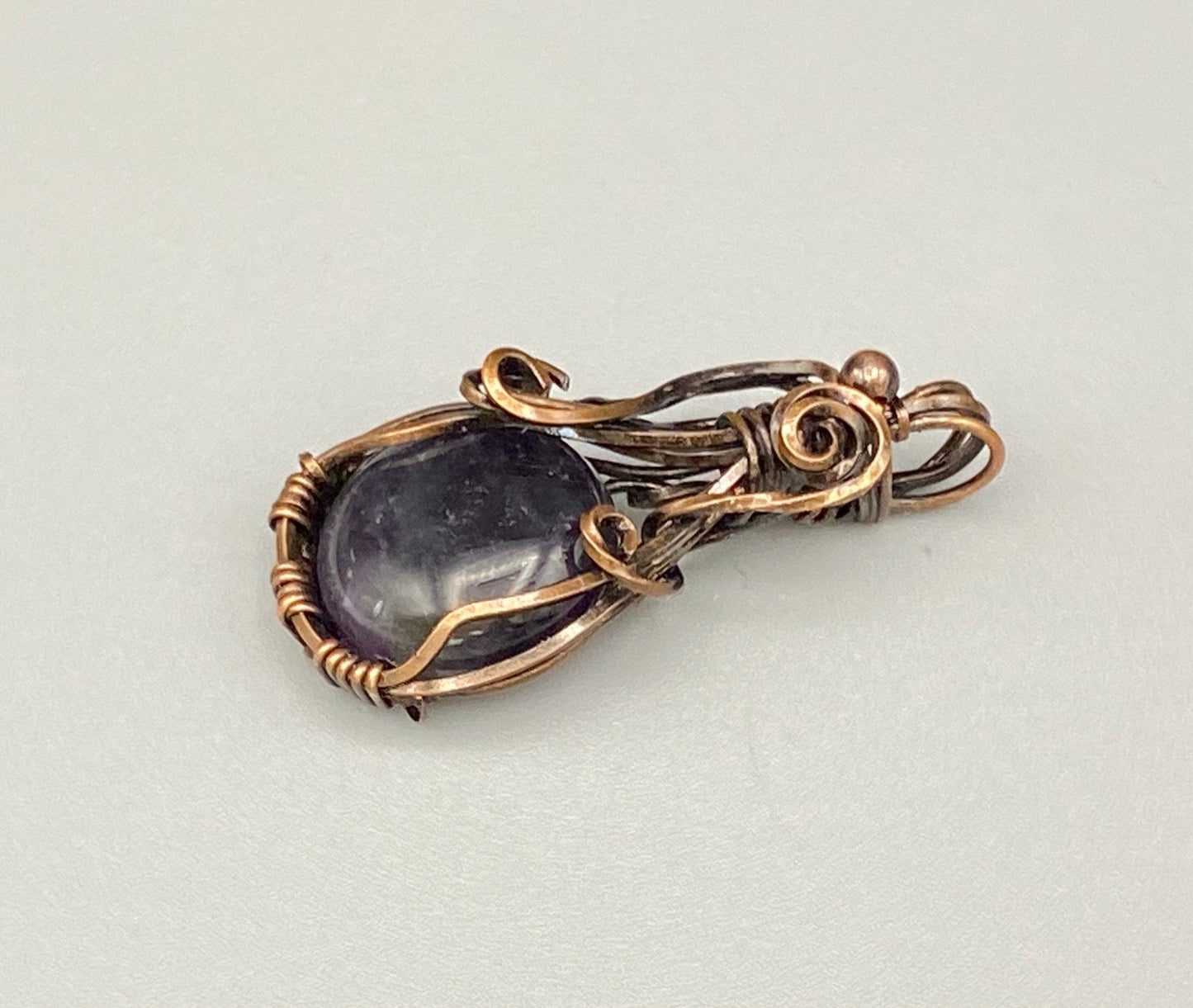 Round Blue Stone Pendant, Handmade, Antiqued Copper Wire Wrapped Necklace