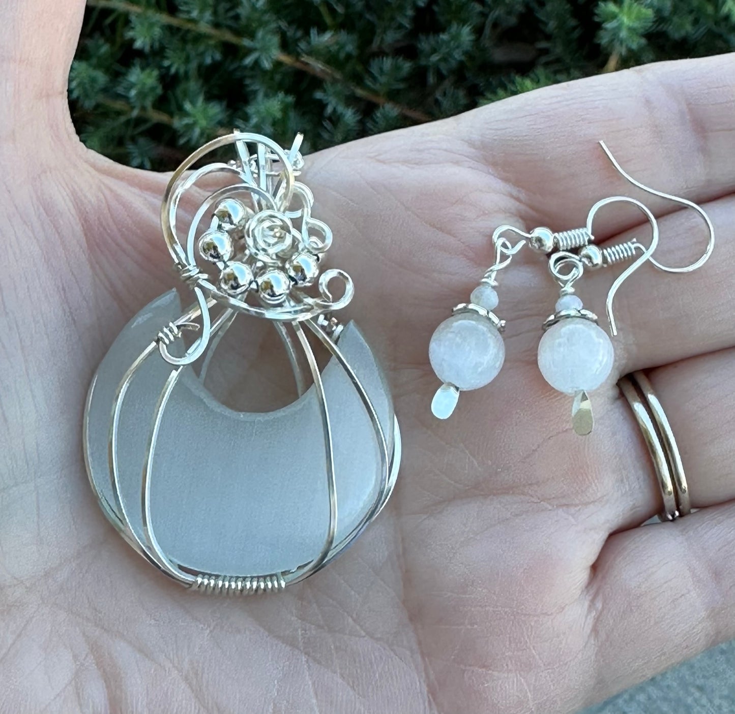Selenite Crescent Moon Pendant and Earrings Set | Wire Wrapped in Fine Silver