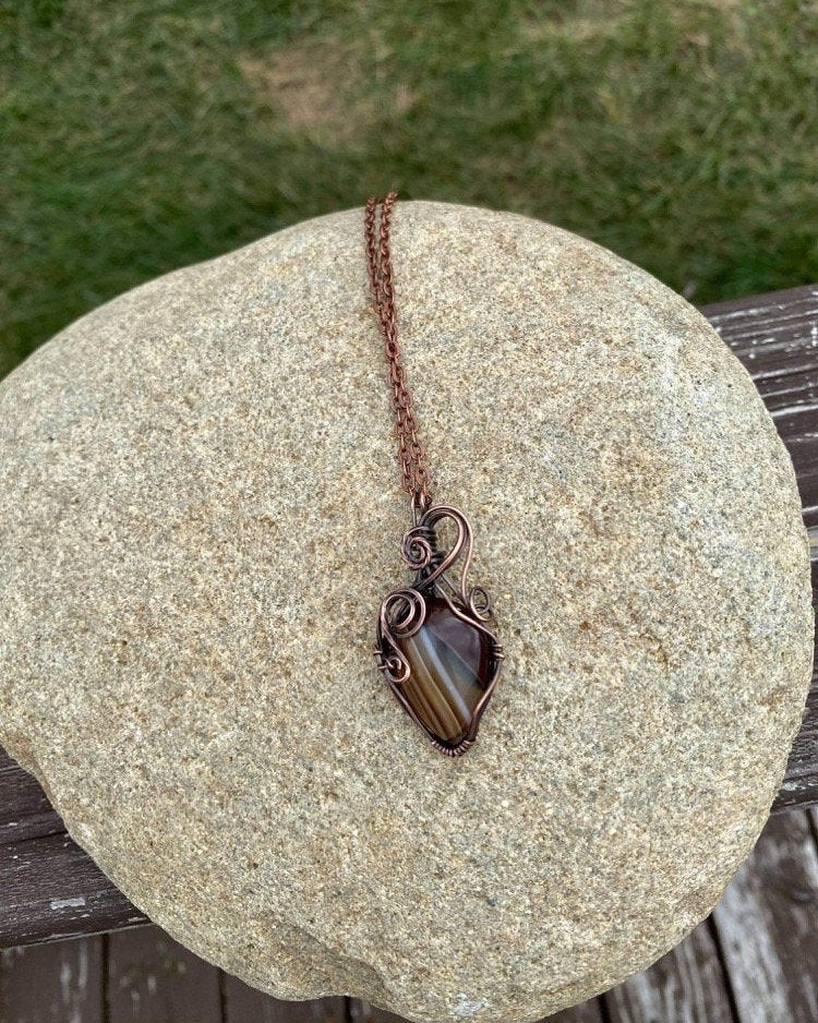 Tiger's Eye Quartz Teardrop Pendant, Wire Wrapped in Copper