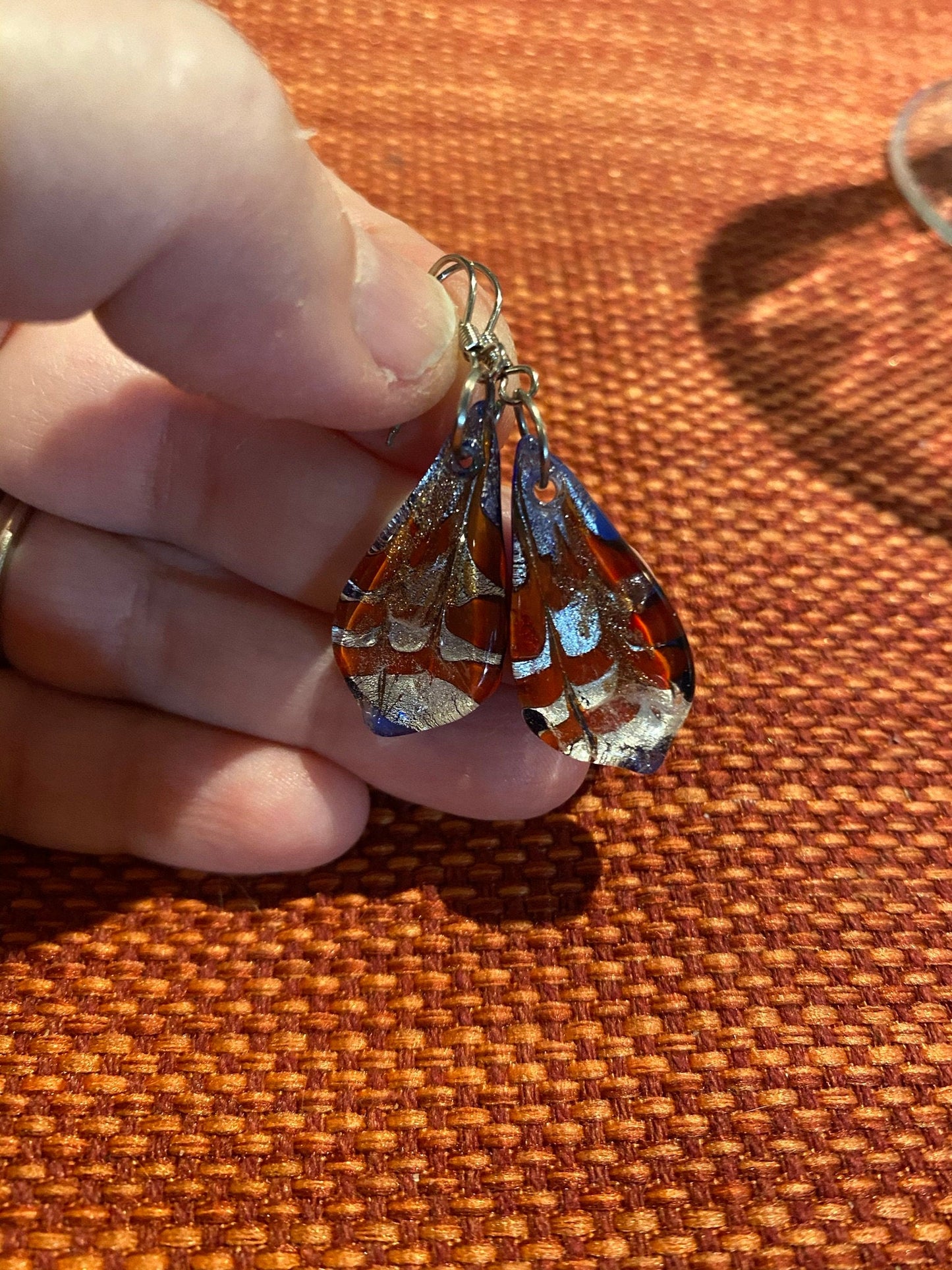 Red, Blue, And Silver Glass Dangle Earrings