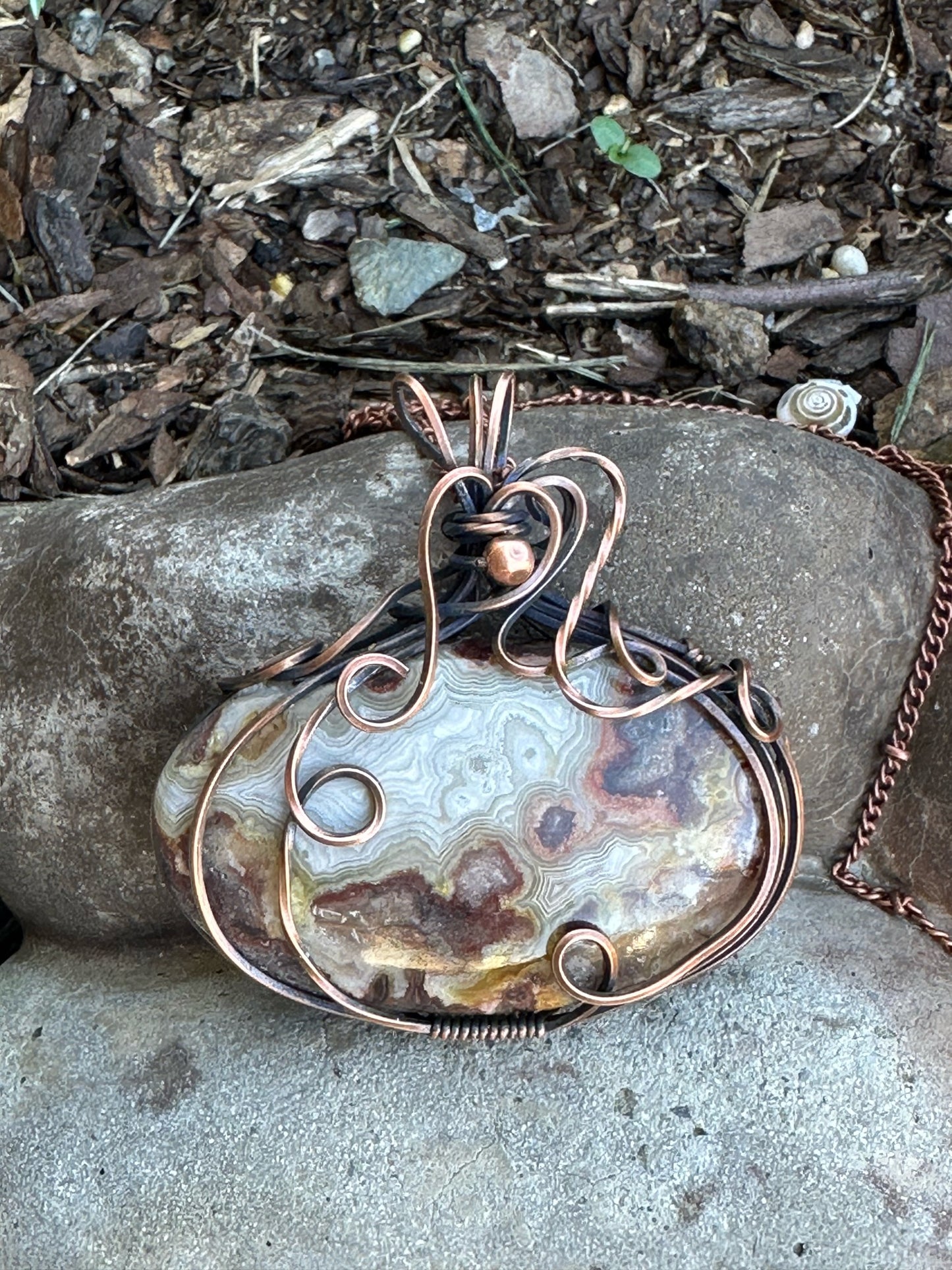Oval Crazy Lace Agate Handmade Wire Wrapped Pendant