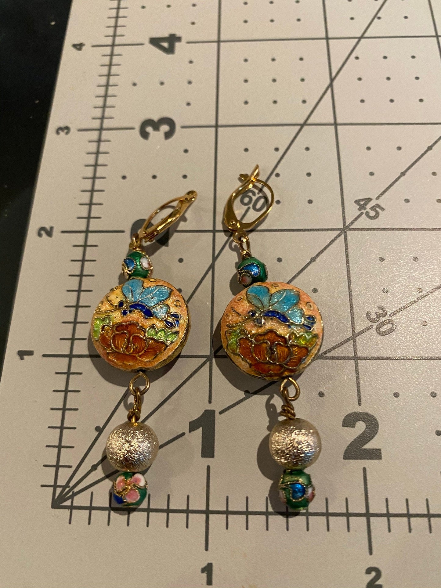 Cloisonne Dangle Earrings With Gold Lever Hooks