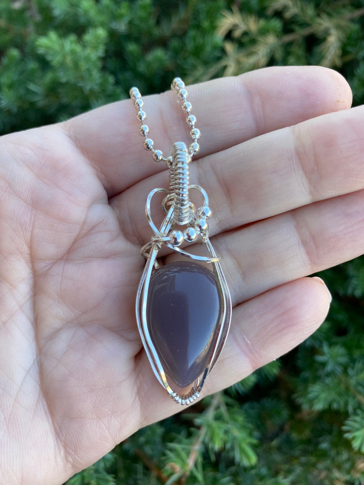 Smoky Gray Teardrop Wire Wrapped in Silver Pendant
