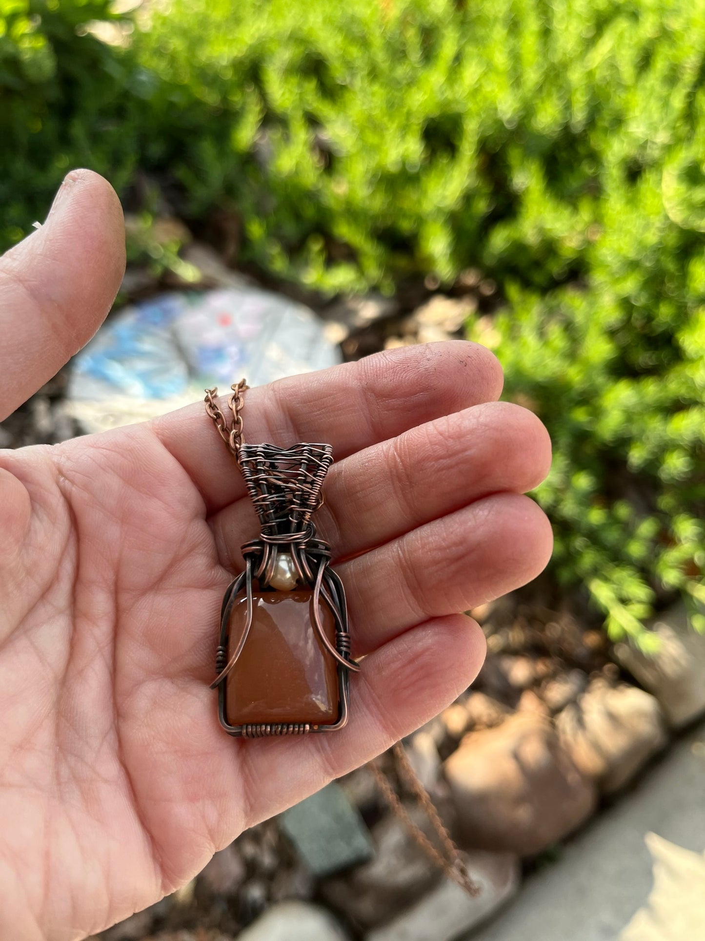 Square Peach Moonstone Wire Wrapped in Antiqued Copper Wire