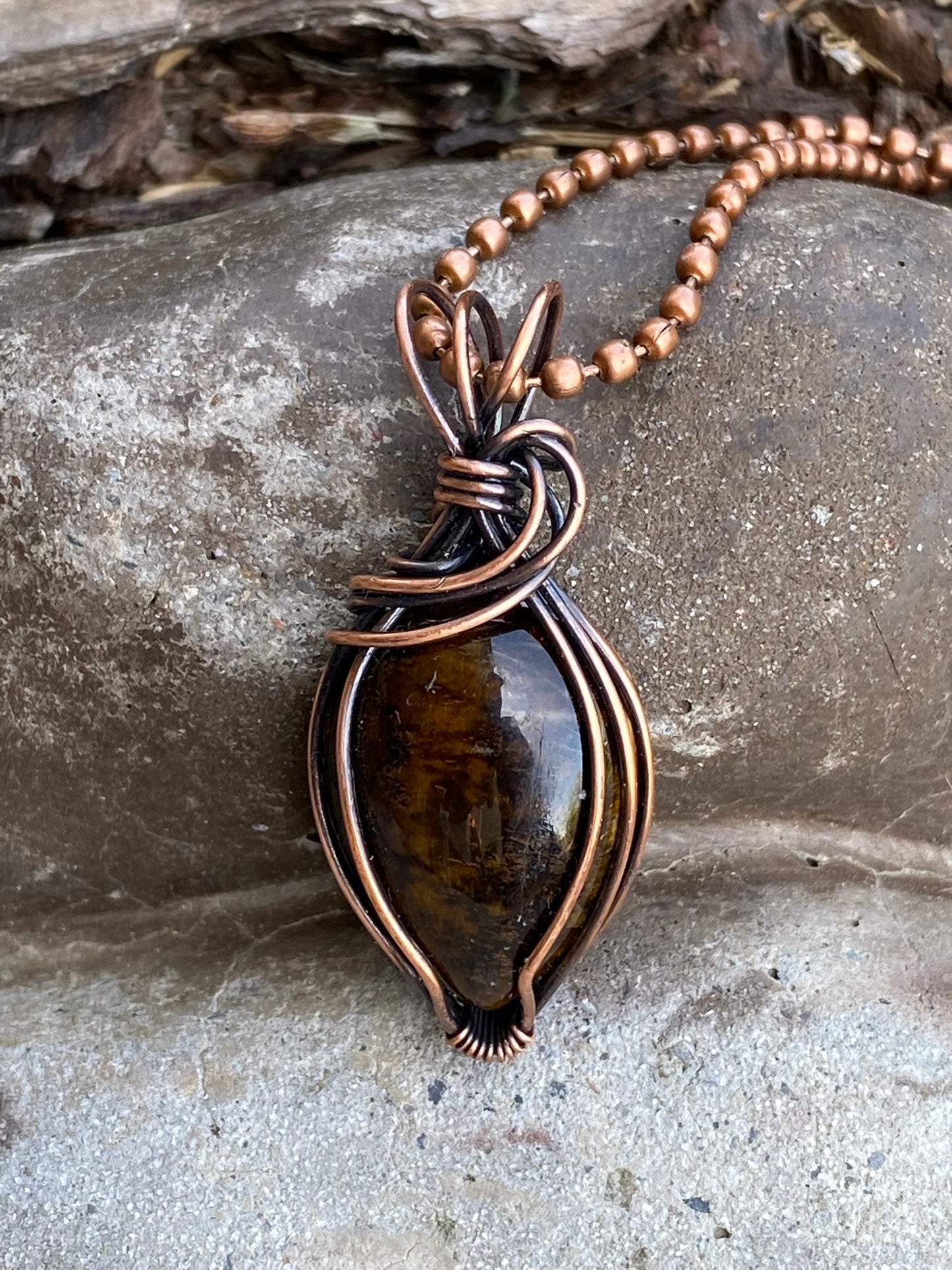 Tiger's Eye Agate Teardrop Pendant, Wire Wrapped in Copper