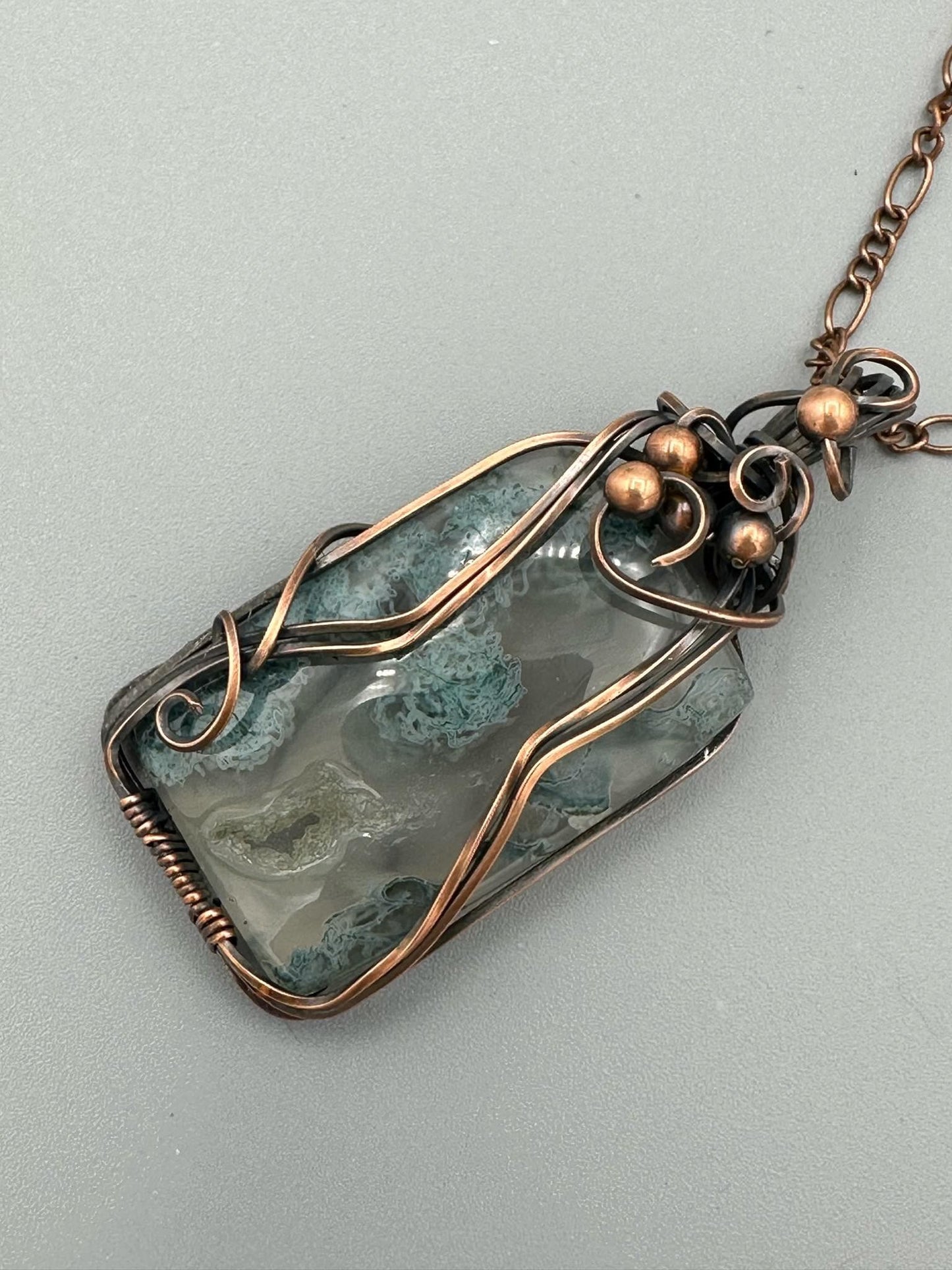 Window Druzy Moss Agate Rectangular Handmade Wire Wrapped Pendant