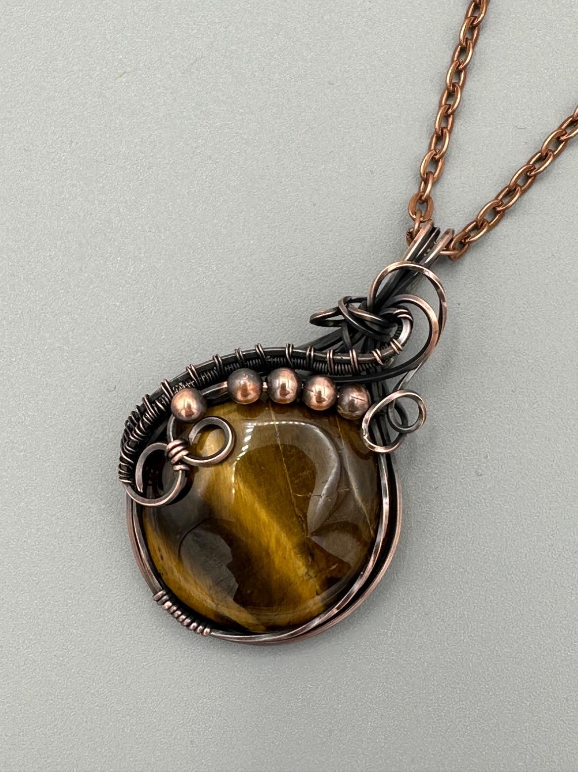 Handmade Wire Wrapped Round Tigers Eye Pendant