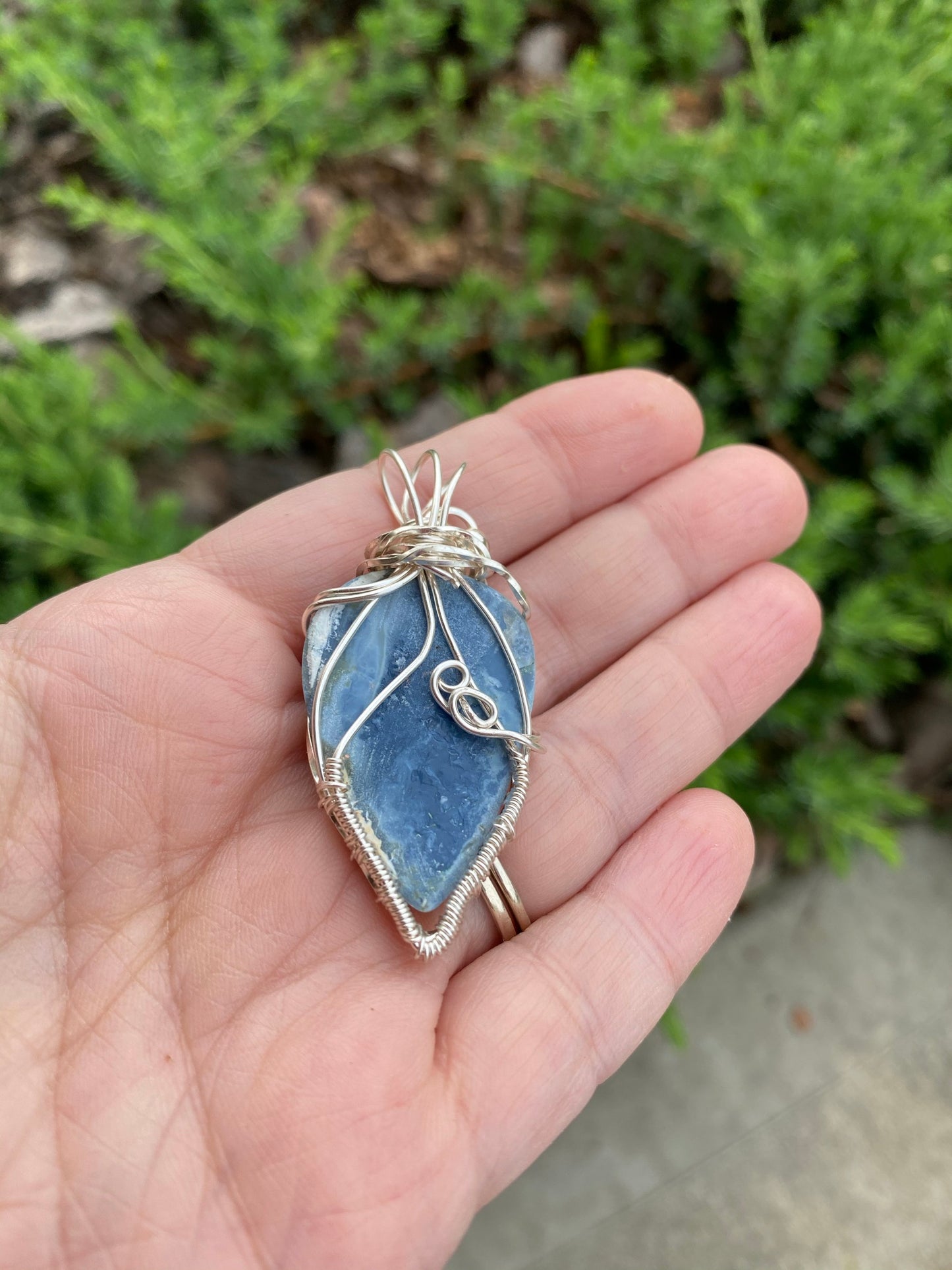 Natural Peruvian Blue Opal Pear Shaped Wire Wrapped Pendant