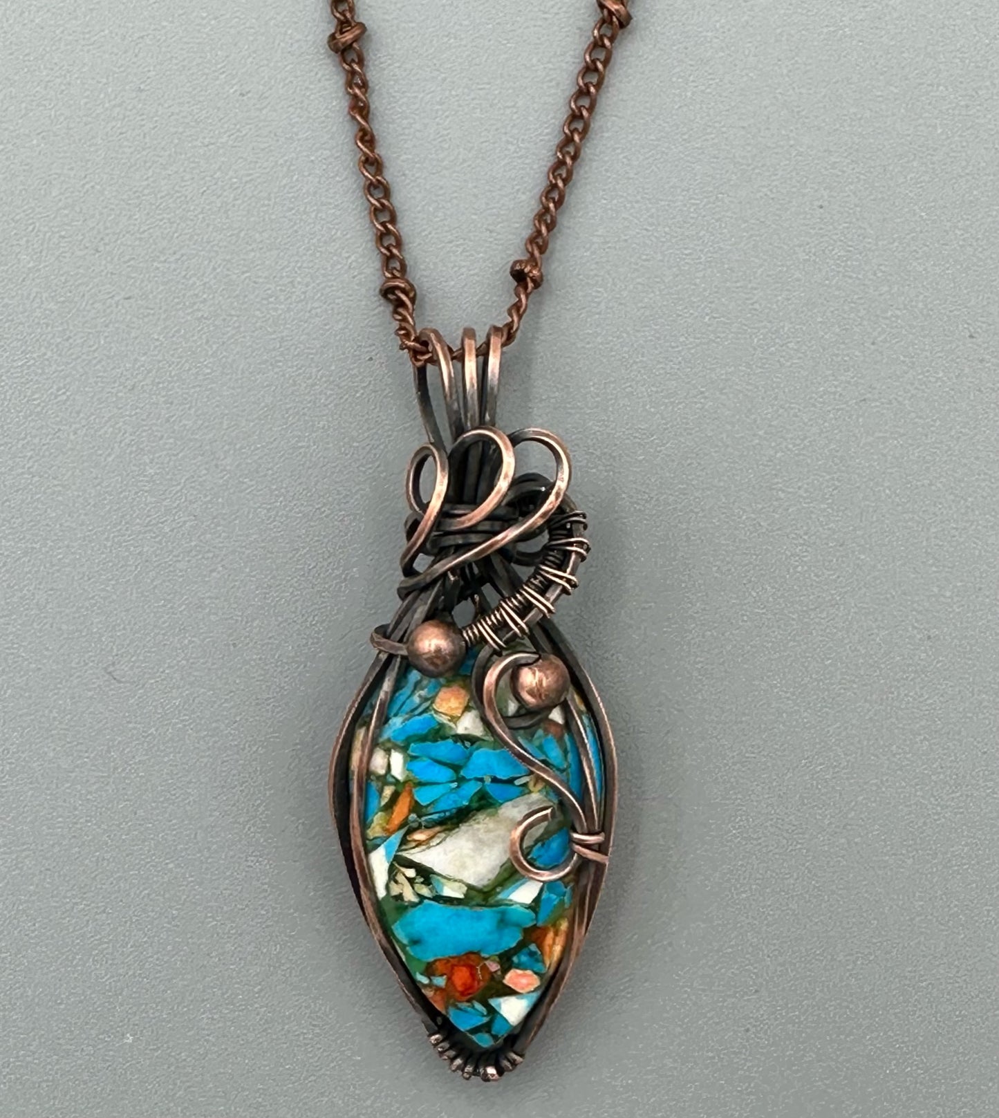 Handmade Wire Wrapped Copper Turquoise Mohave Teardrop Pendant