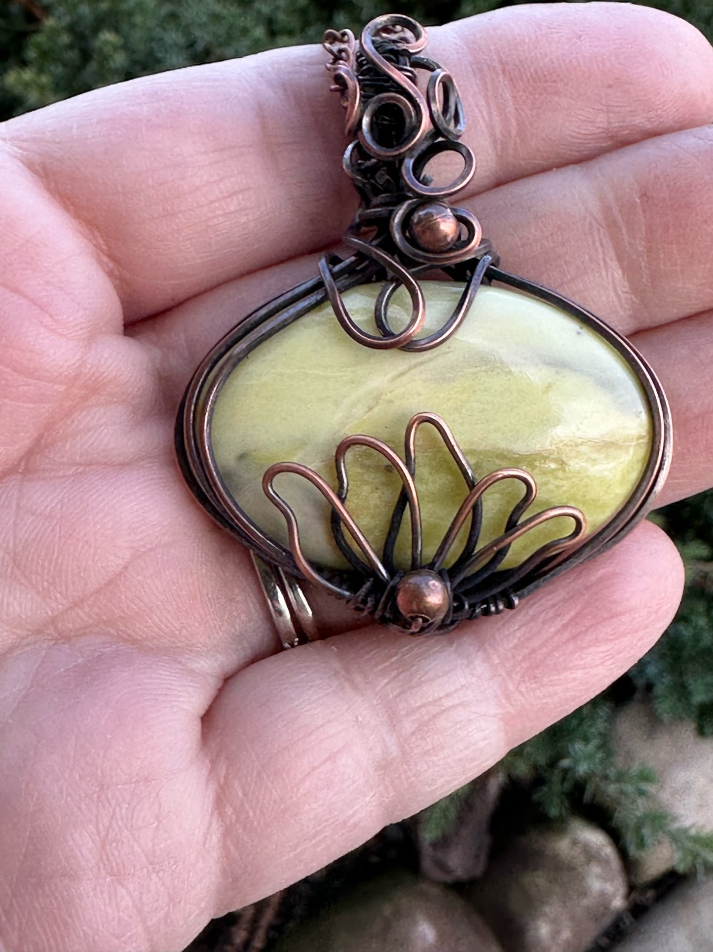 Green Opal With Lotus Handmade Wire Wrapped Pendant