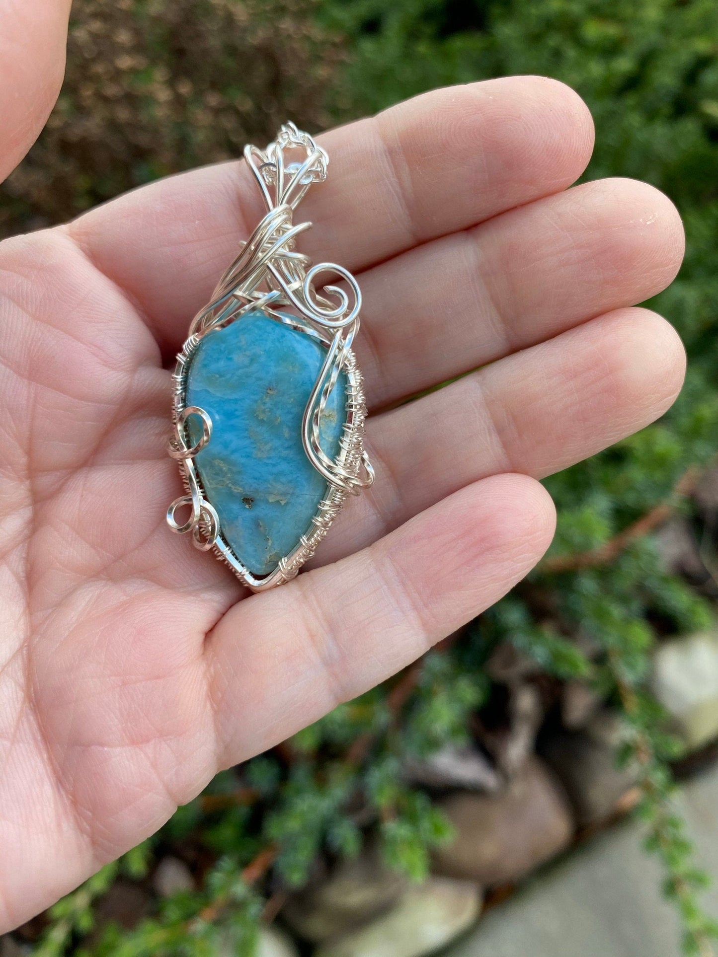 Wire Wrapped Larimar Teardrop Shaped Pendant