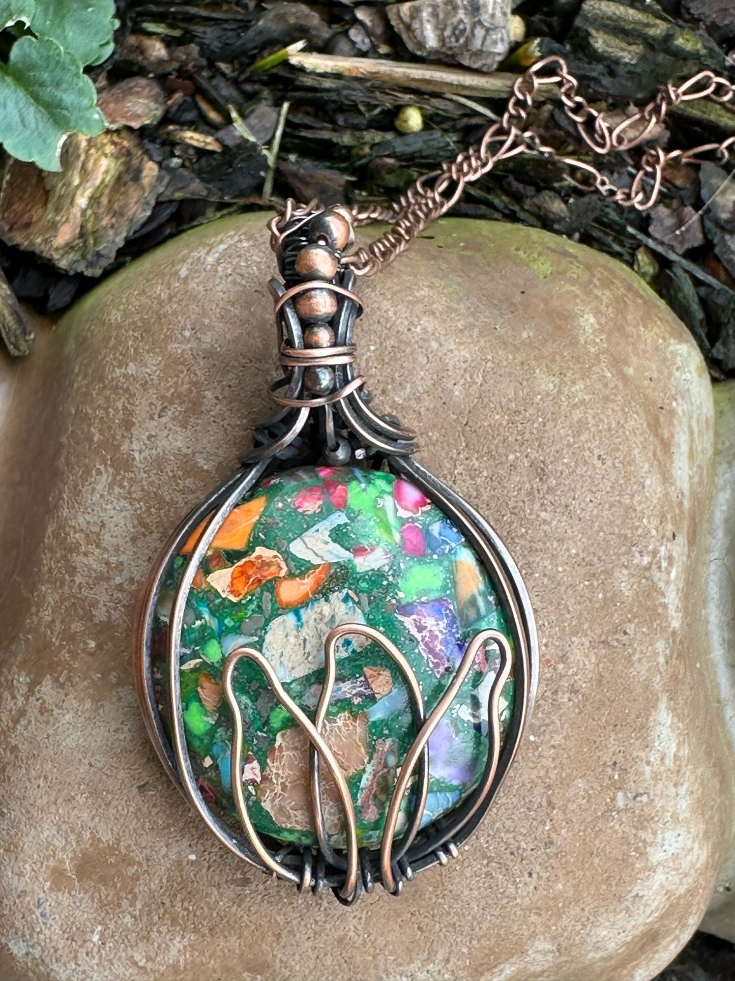 Pyrite Multi-Color Sea Sediment Jasper with Lotus Handmade Wire Wrapped Pendant