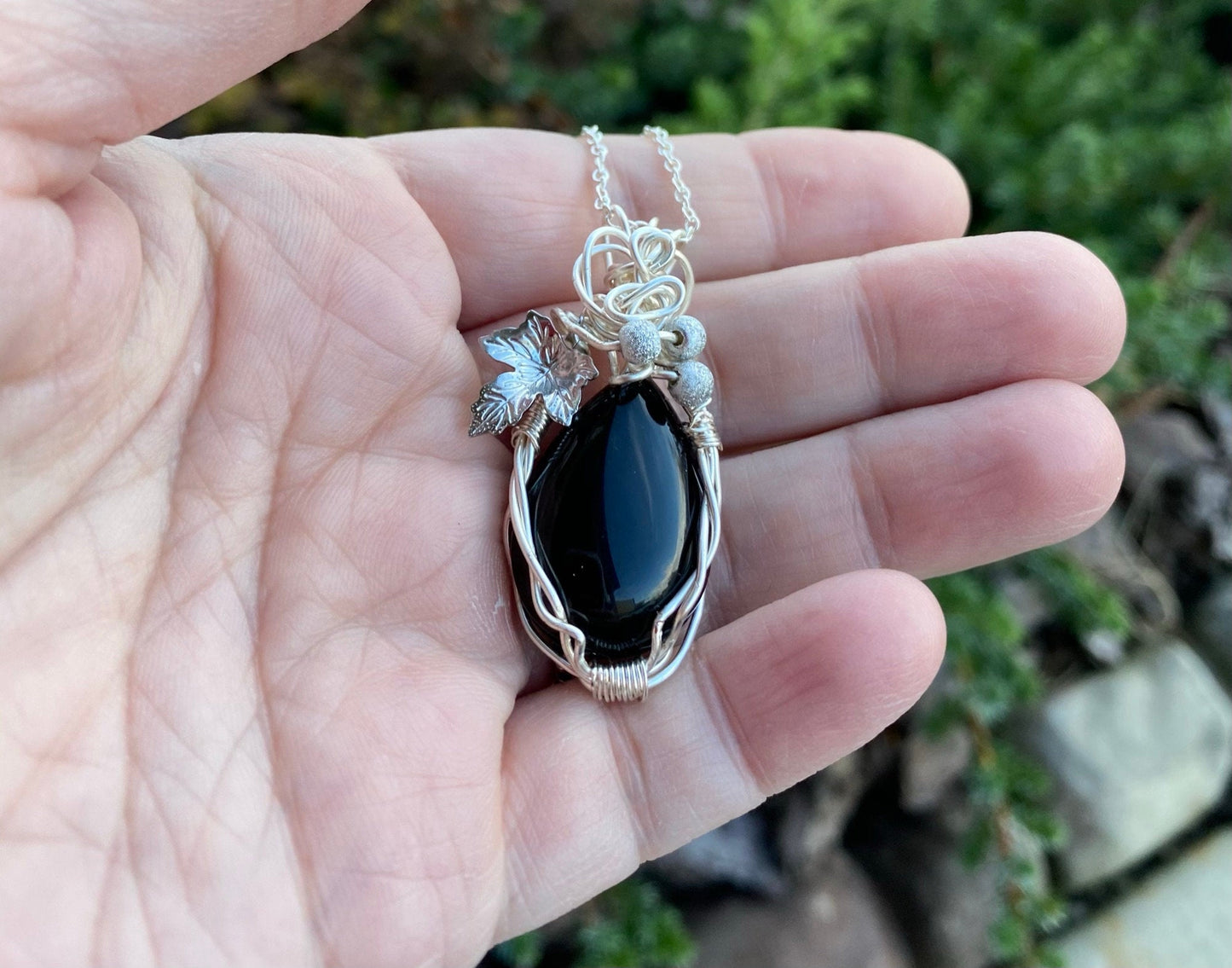 Wire Wrapped Black Agate Teardrop Pendant