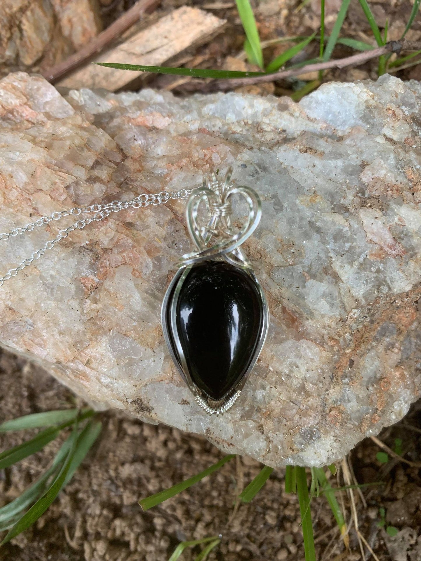 Black Onyx Wire Wrapped Teardrop Pendant
