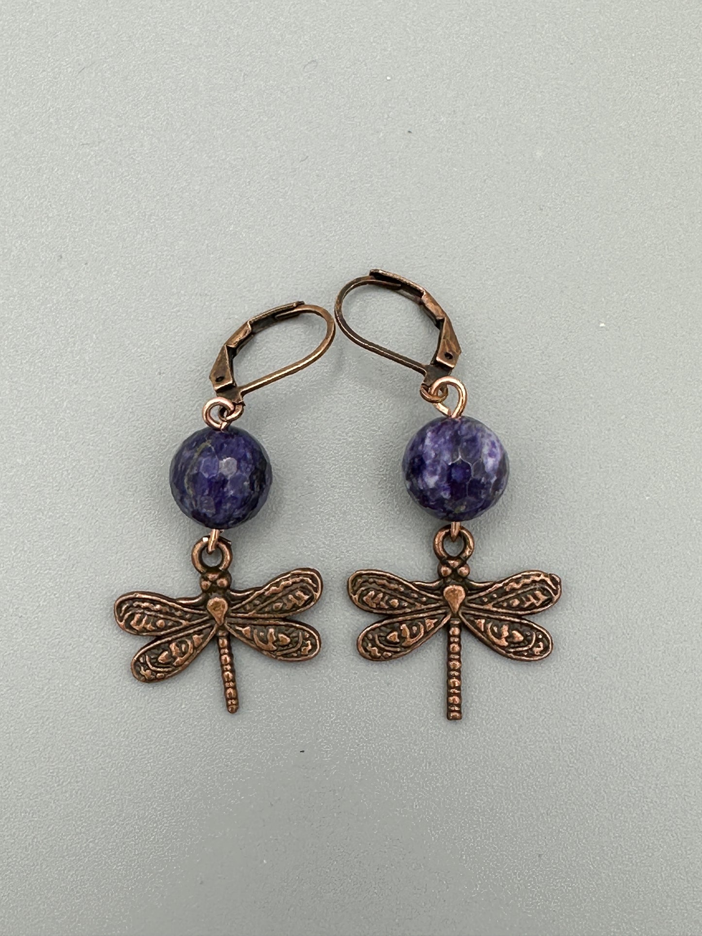 Dangle Purple Beaded and Dragonfly Earrings