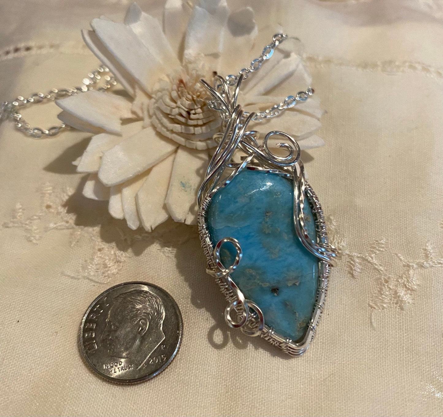 Wire Wrapped Larimar Teardrop Shaped Pendant