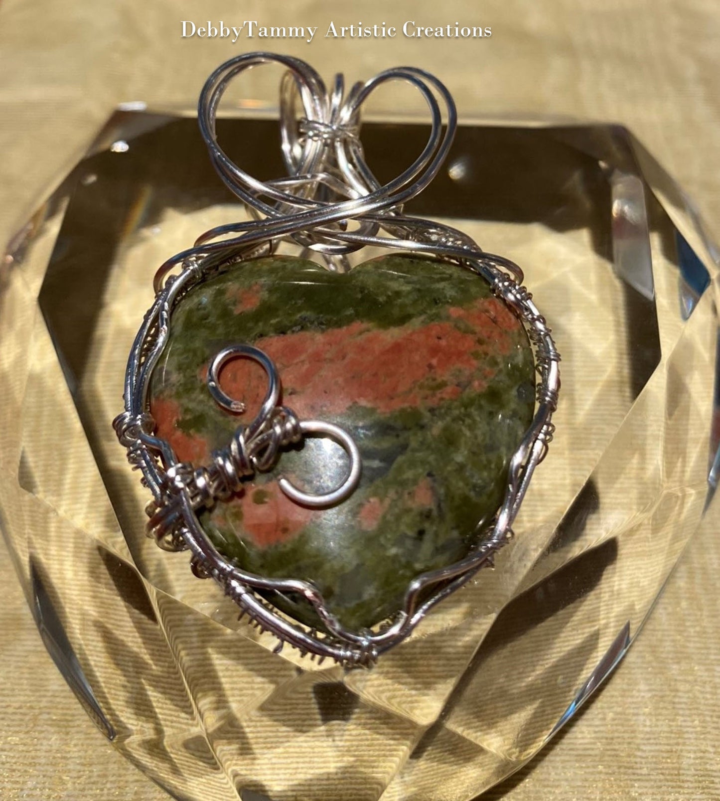 Wire Wrapped Unakite Heart Pendant with Silver Wire