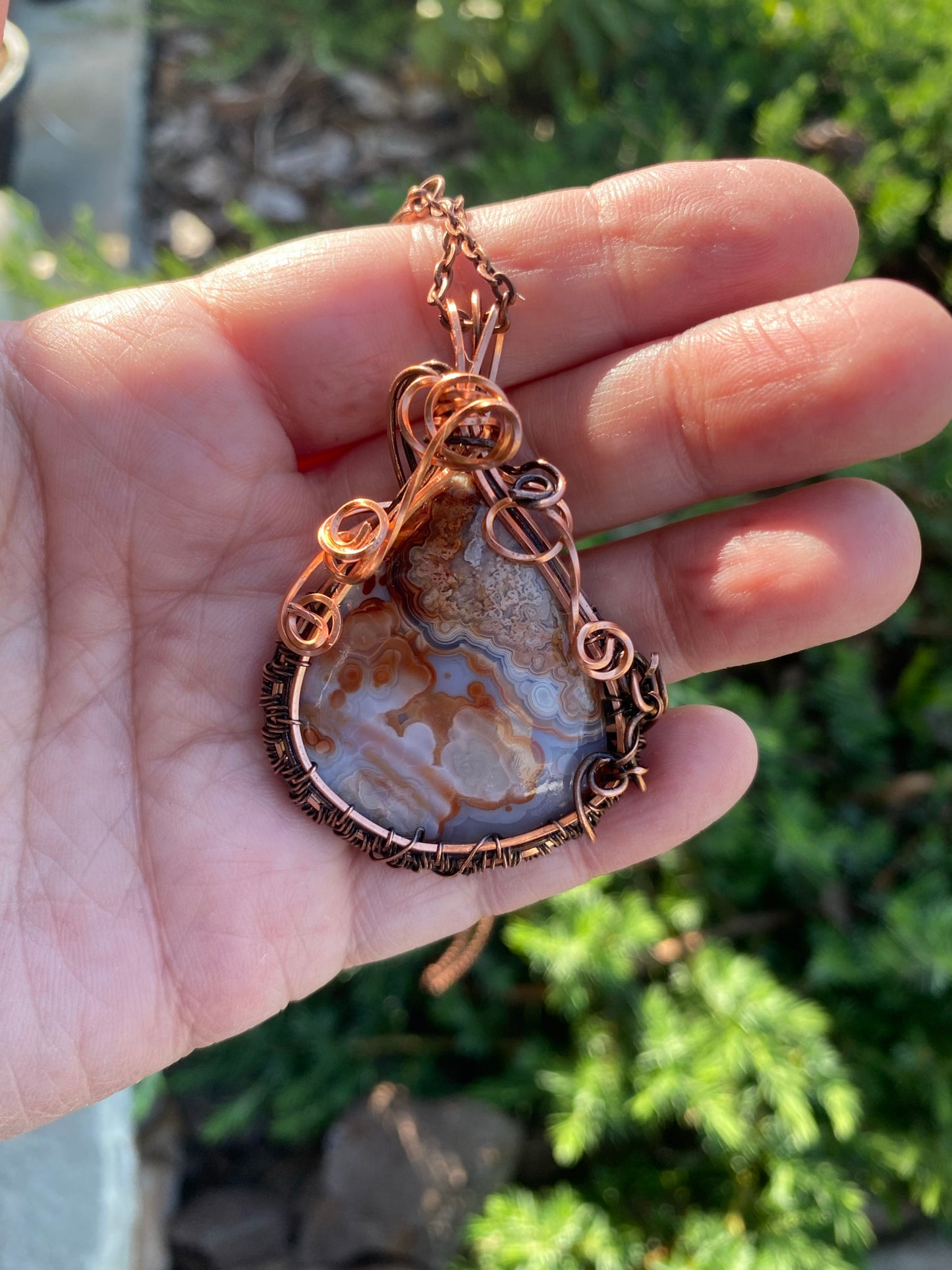 Crazy Lace Oxidized Copper Wire Wrapped Pendant