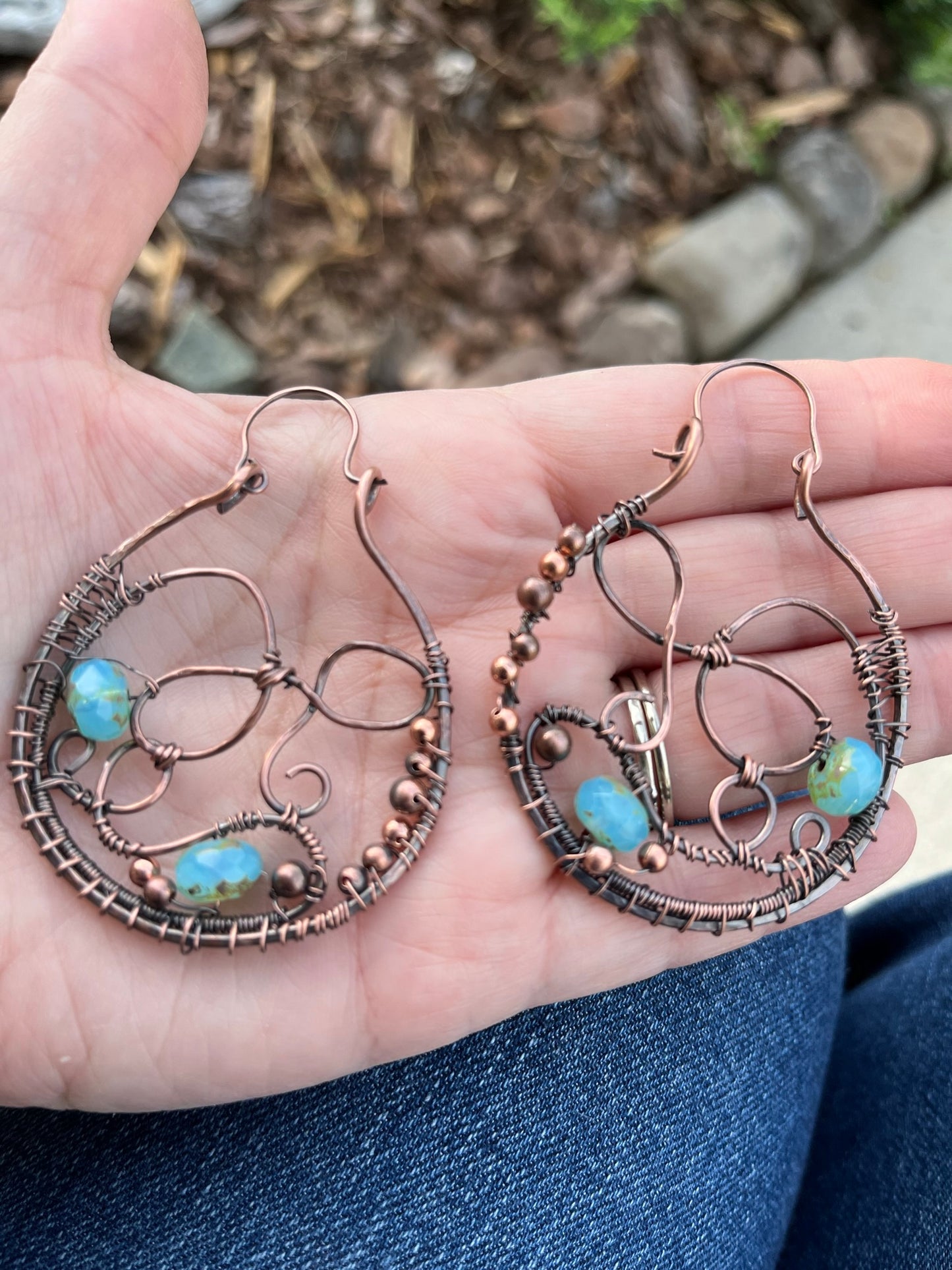 Copper Weaving Hoop Earrings with Aqua Rondelle Beads