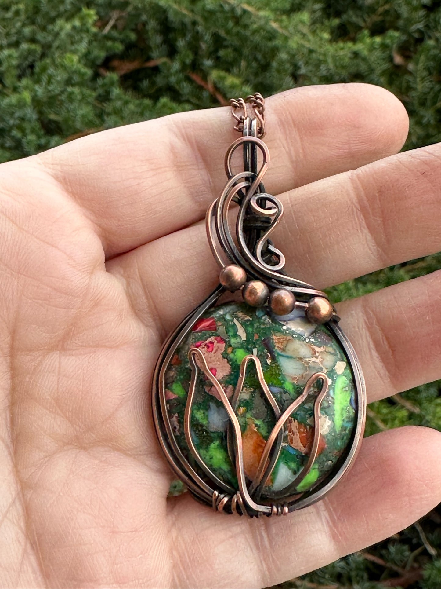 Pyrite Multi-Color Sea Sediment Jasper with Lotus and Copper Beads