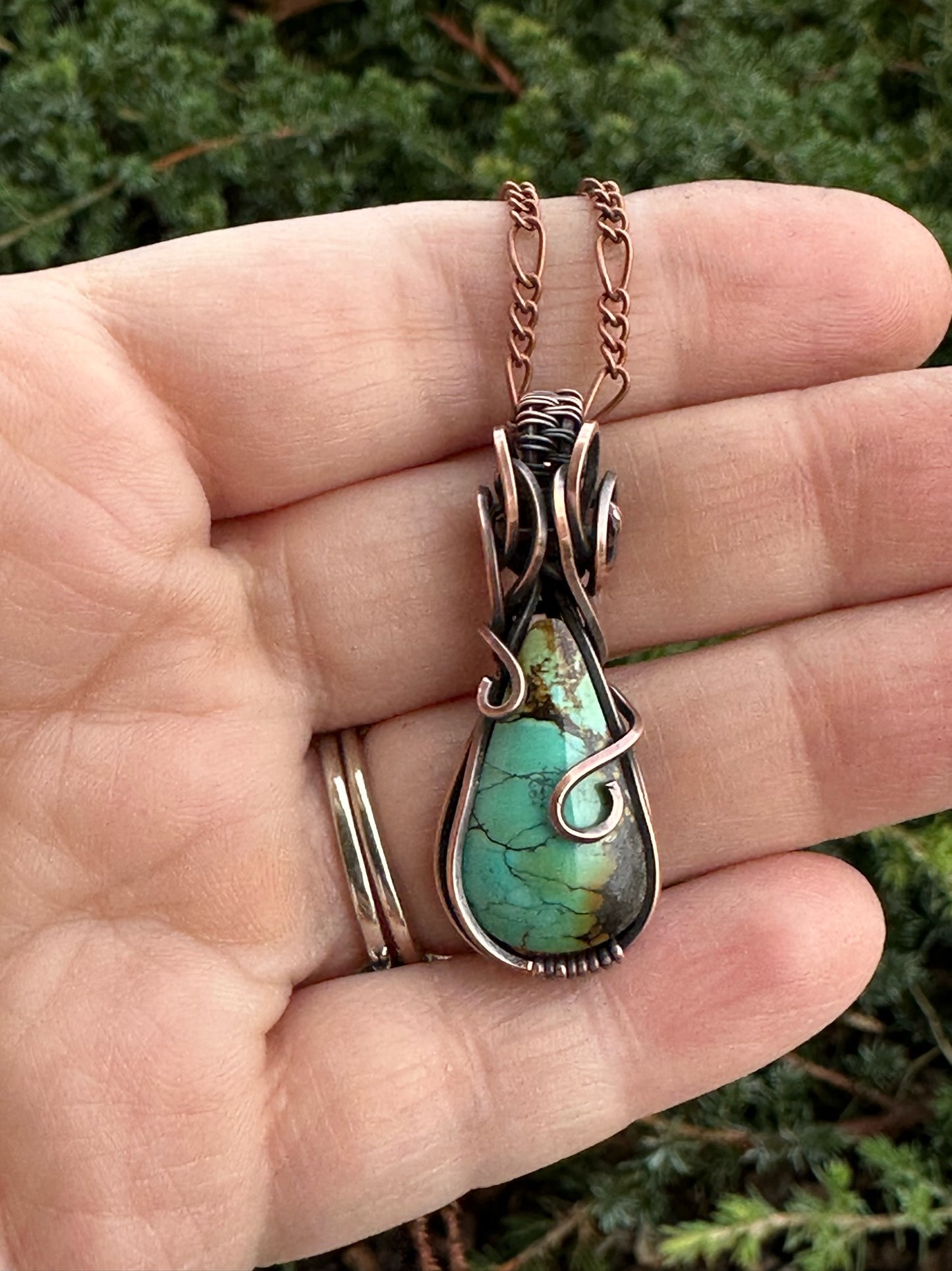 Turquoise Teardrop Wrapped in Oxidized Copper Wire