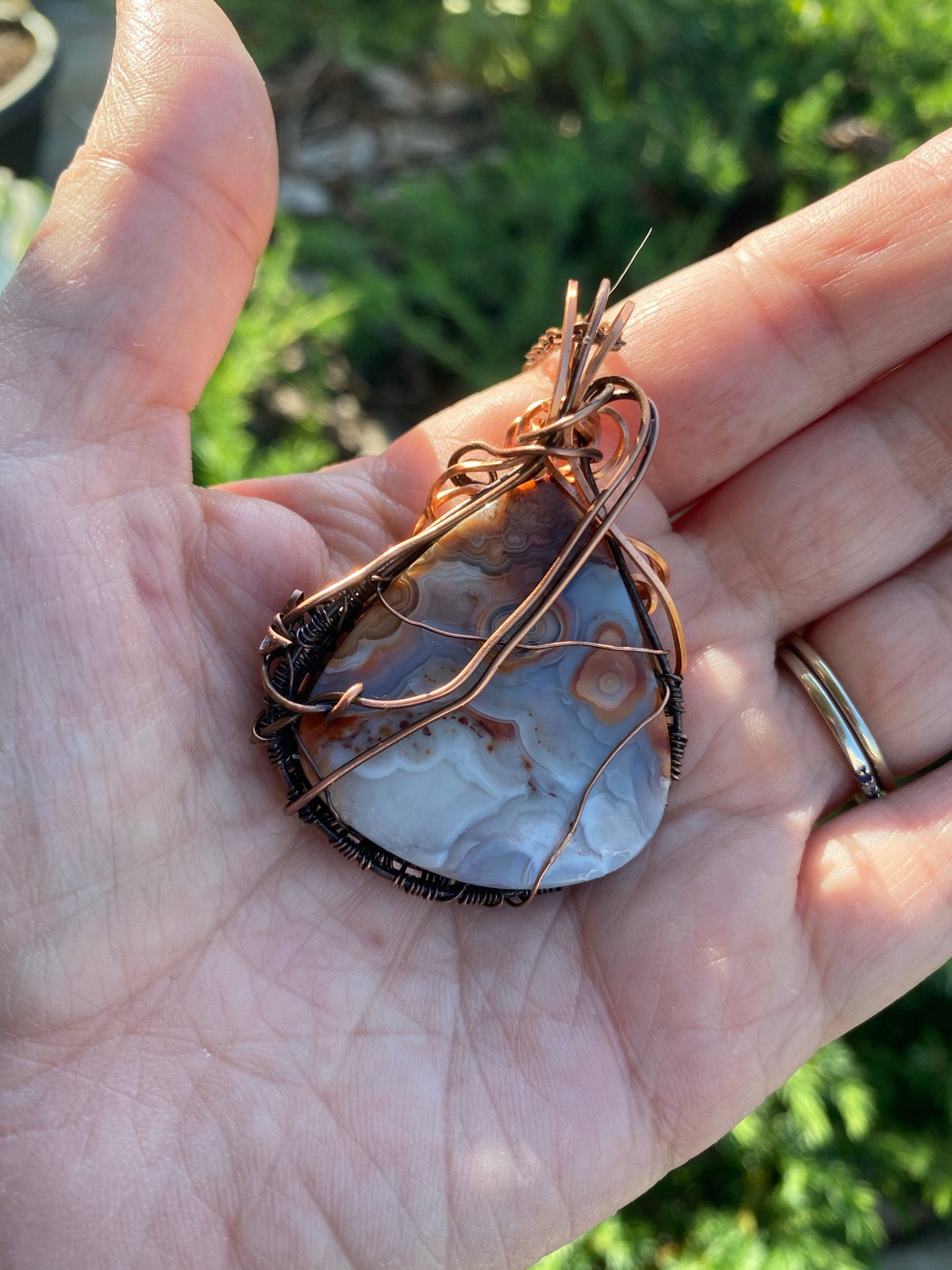 Crazy Lace Oxidized Copper Wire Wrapped Pendant