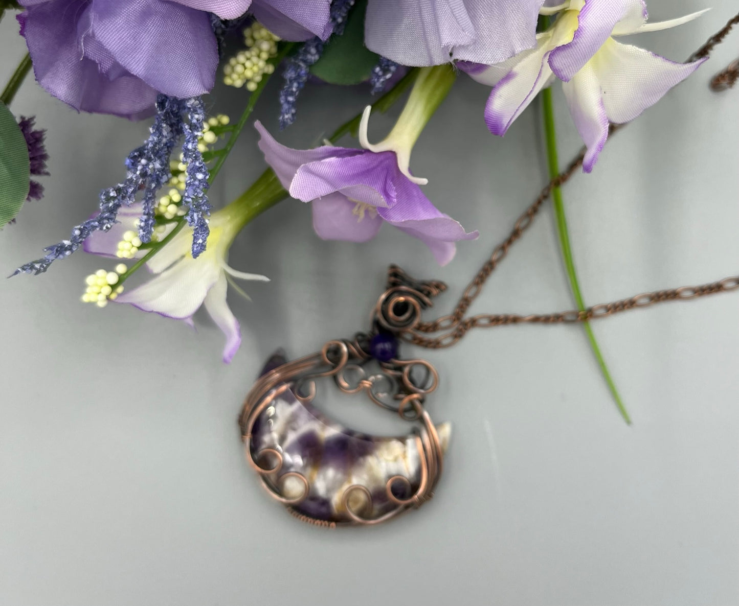 Amethyst Crescent Moon Pendant | Wire Wrapped Moon Necklace