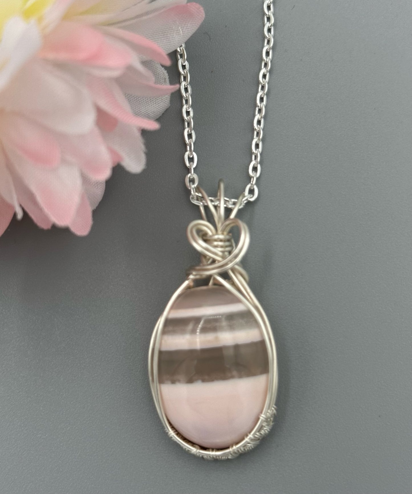 Handmade Wire Wrapped Pink Stripe Agate Oval Pendant