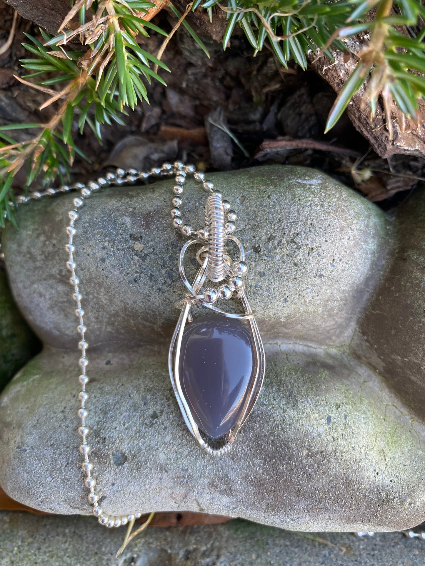 Smoky Gray Teardrop Wire Wrapped in Silver Pendant