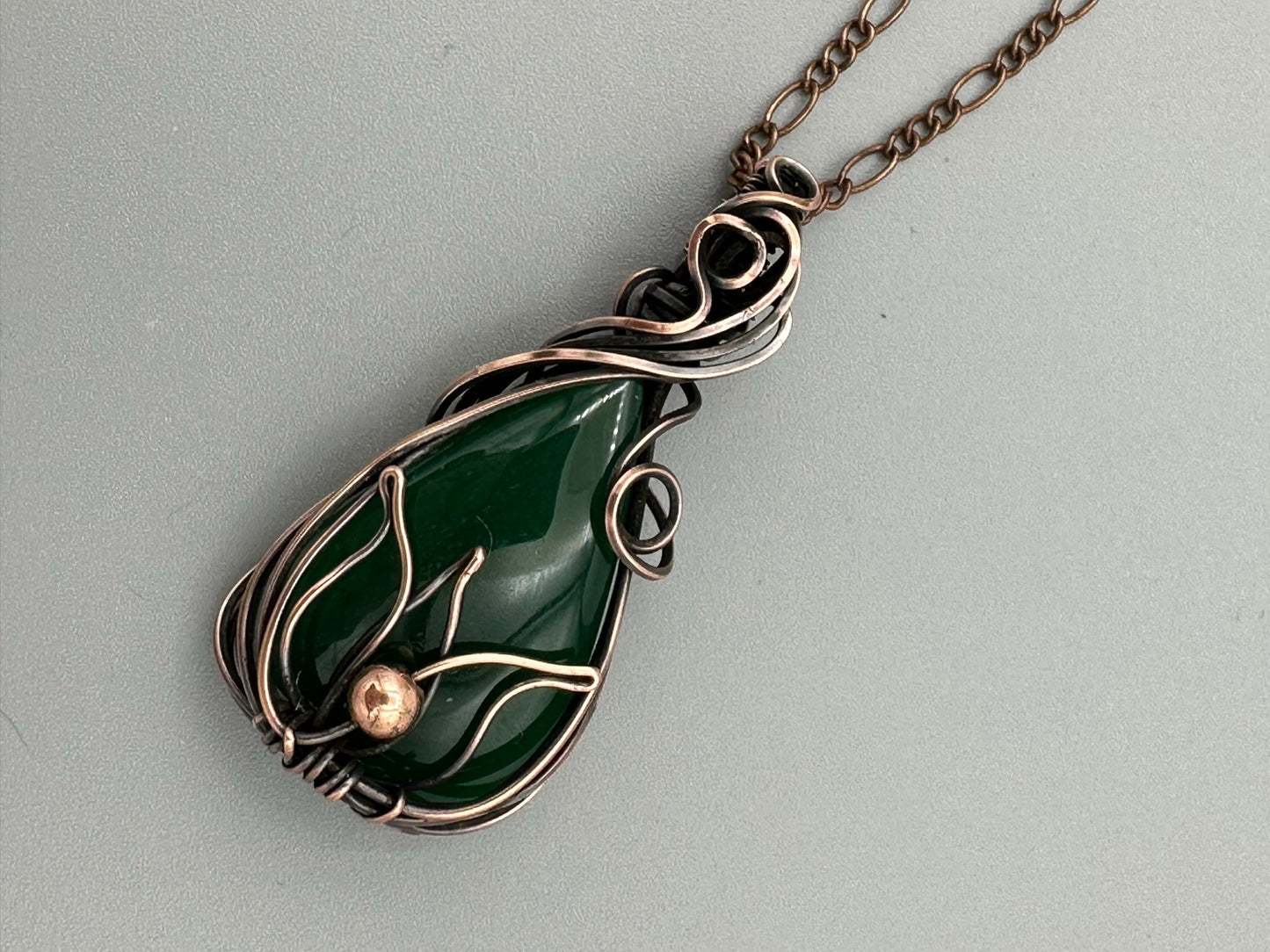 Nephrite Jade Teardrop Wire Wrapped with Lotus Motif Handmade Pendant