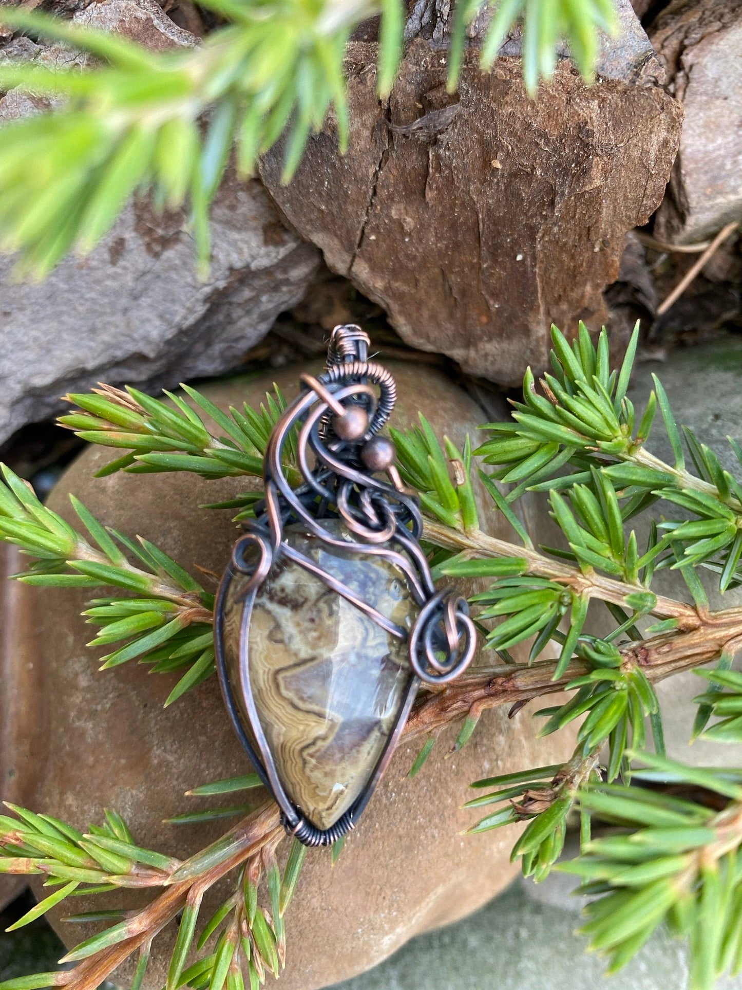 Earth Toned Crazy Lace Teardrop Wire Wrapped Pendant