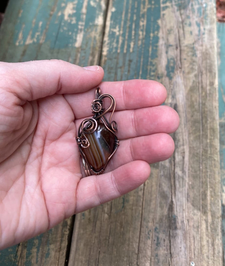 Tiger's Eye Quartz Teardrop Pendant, Wire Wrapped in Copper