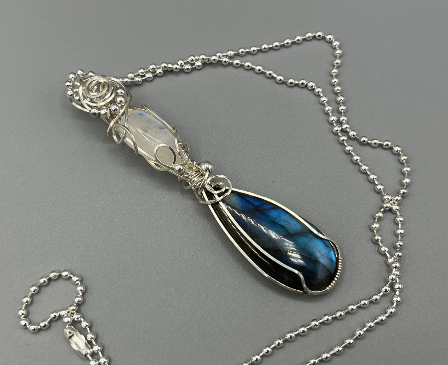 Labradorite and Moonstone Double Wire Wrapped Pendant